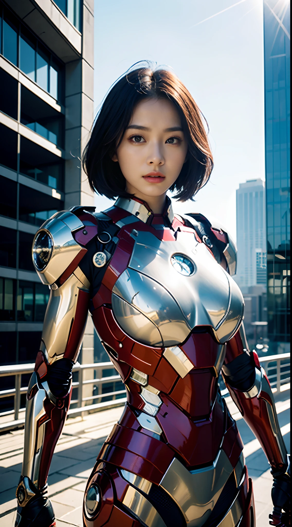 primitive, Masterpiece, super thin photo, Best quality, 超高分辨率, Photorealistic, Sunlight，fully body photo， Incredibly beautiful, Cowboy fighting pose, Delicate face,Vibrant eyes, (frontage), huge boob，The Iron Man mech she wears, Black color scheme, Future city high-rise roof background, Highly detailed, Detailed face,  Gorgeous, Highly detailed skin, Realistic skin details, Visible pores， Sharp focus, volume fog, 8K  UHD, SLR camera, High quality, filmgrain, light-skinned, Photorealism, DL, In the distance is a futuristic sci-fi city building，A head of purple hair，