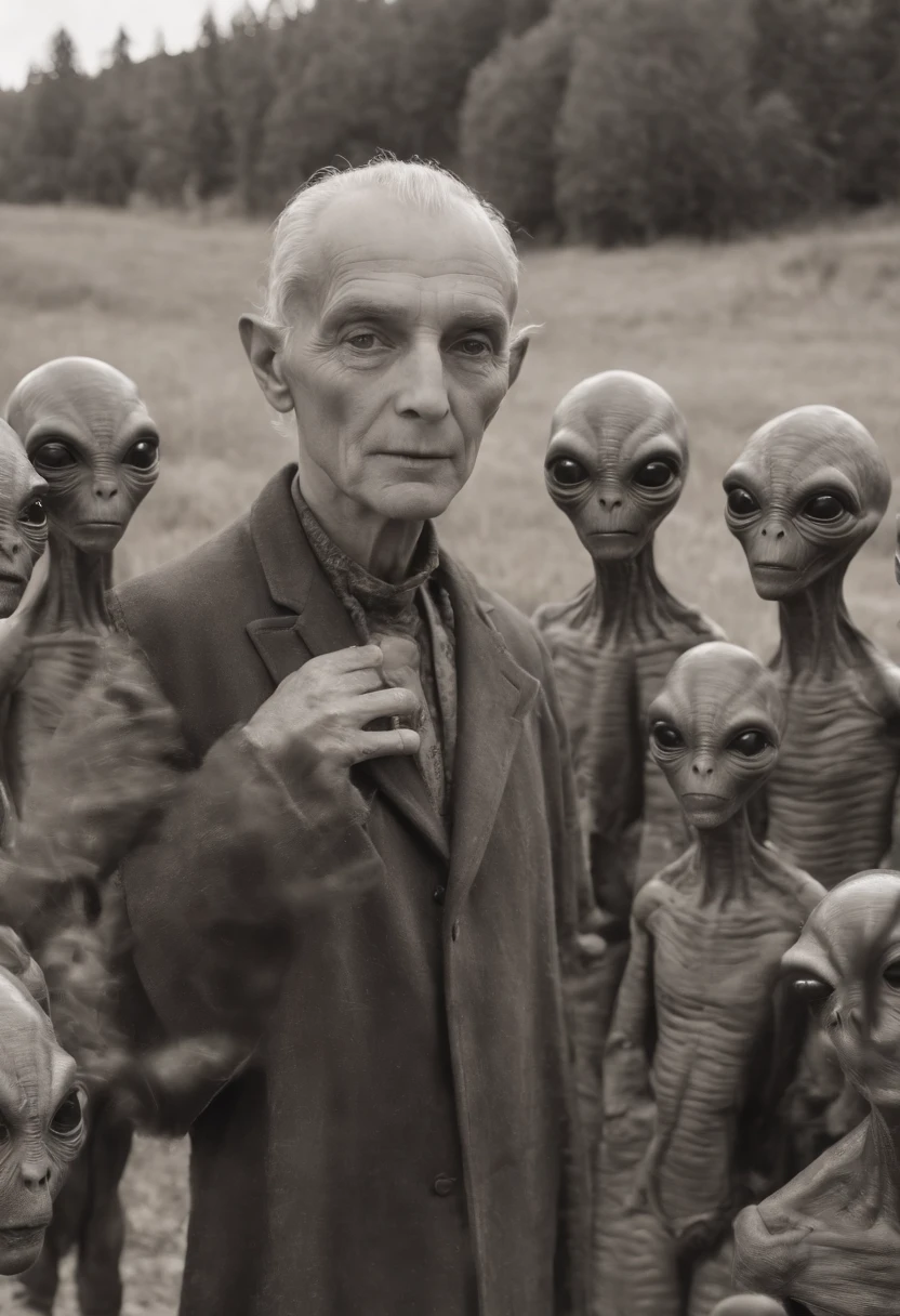 1890 black and white photography of a man posing with a group of aliens, sepia tones