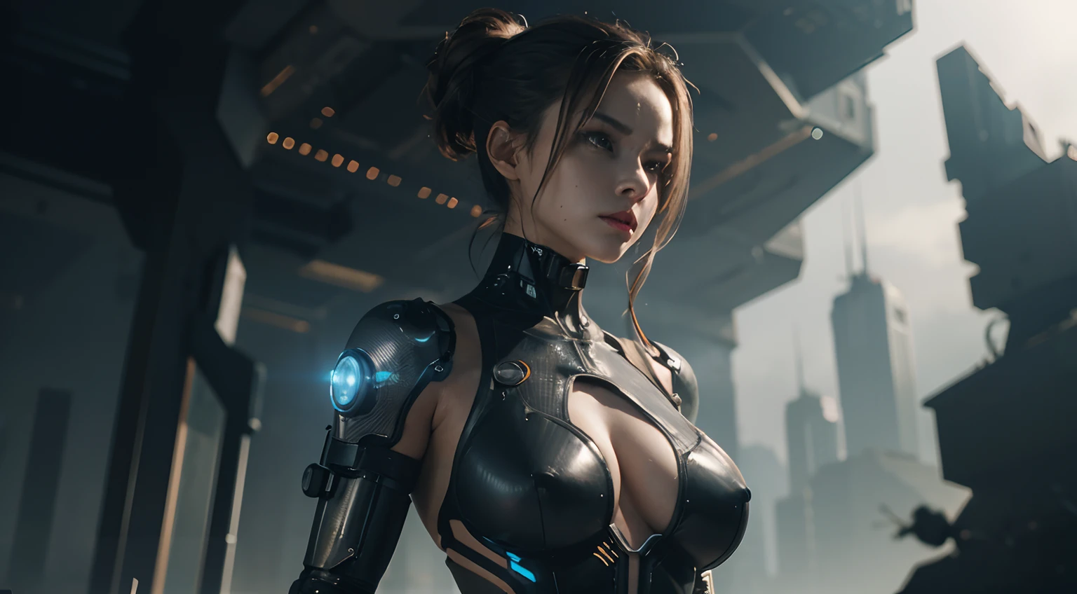 There's a cyborg woman dressed in a futuristic leotard standing in a dark apocalyptic scenario, high waisted leotard, robotic arm, horror sci Fi, ultra detailed, photorealistic, trending on Artstation, ominous background, cinematic, best quality.