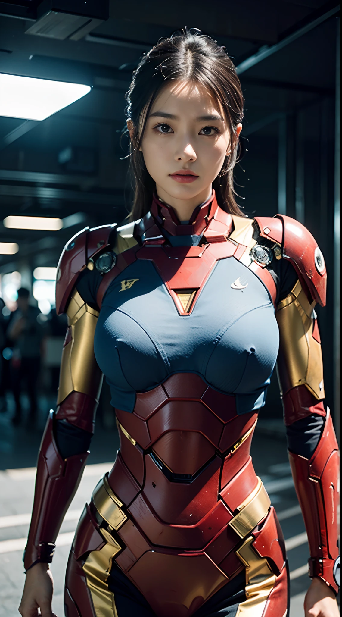 primitive, Masterpiece, super thin photo, Best quality, 超高分辨率, Photorealistic, Sunlight，fully body photo， Incredibly beautiful, Cowboy fighting pose, Delicate face,Vibrant eyes, (frontage), huge boob，The Iron Man mech she wears, Black color scheme, Future city high-rise roof background, Highly detailed, Detailed face,  Gorgeous, Highly detailed skin, Realistic skin details, Visible pores， Sharp focus, volume fog, 8K  UHD, SLR camera, High quality, filmgrain, light-skinned, Photorealism, DL, In the distance is a futuristic sci-fi city building，A head of purple hair，