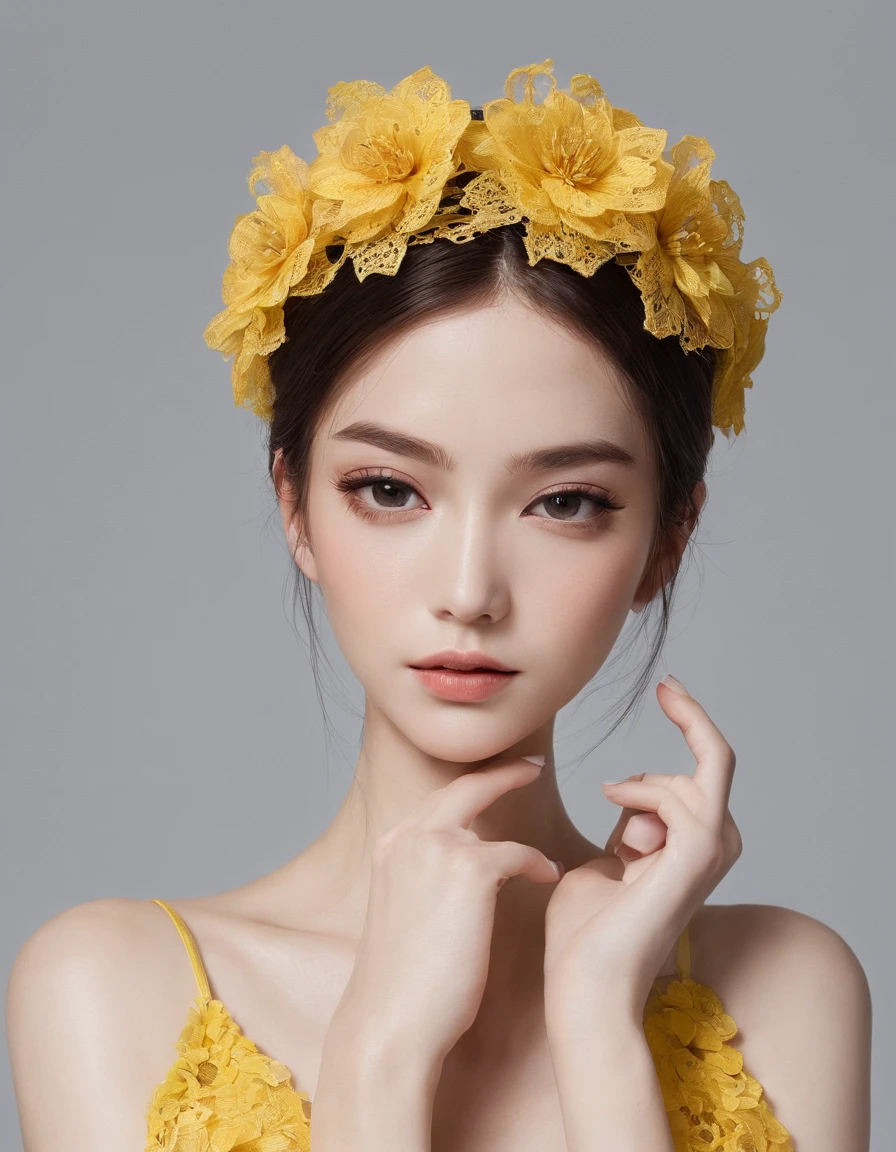 Pretty and very elegant girl wearing a talk cap decorated with yellow lace flowers. Her entire face is covered with lace. She wears a loose-fitting yellow lace cocktail dress that hangs over her shoulders. Her skin is very shiny. Her arms are folded. The background is beautiful black. The room is dimly lit.、She is gently illuminated.
Very shallow depth of field、the background is blurred.  ((jewelry))