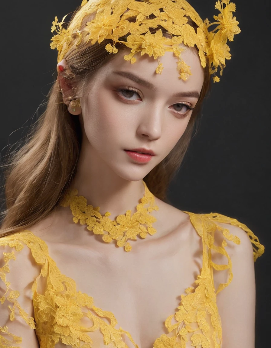 Pretty and very elegant girl wearing a talk cap decorated with yellow lace flowers. Her entire face is covered with lace. She wears a loose-fitting yellow lace cocktail dress that hangs over her shoulders. Her skin is very shiny. Her arms are folded. The background is beautiful black. The room is dimly lit.、She is gently illuminated.
Very shallow depth of field、the background is blurred.  ((jewelry))