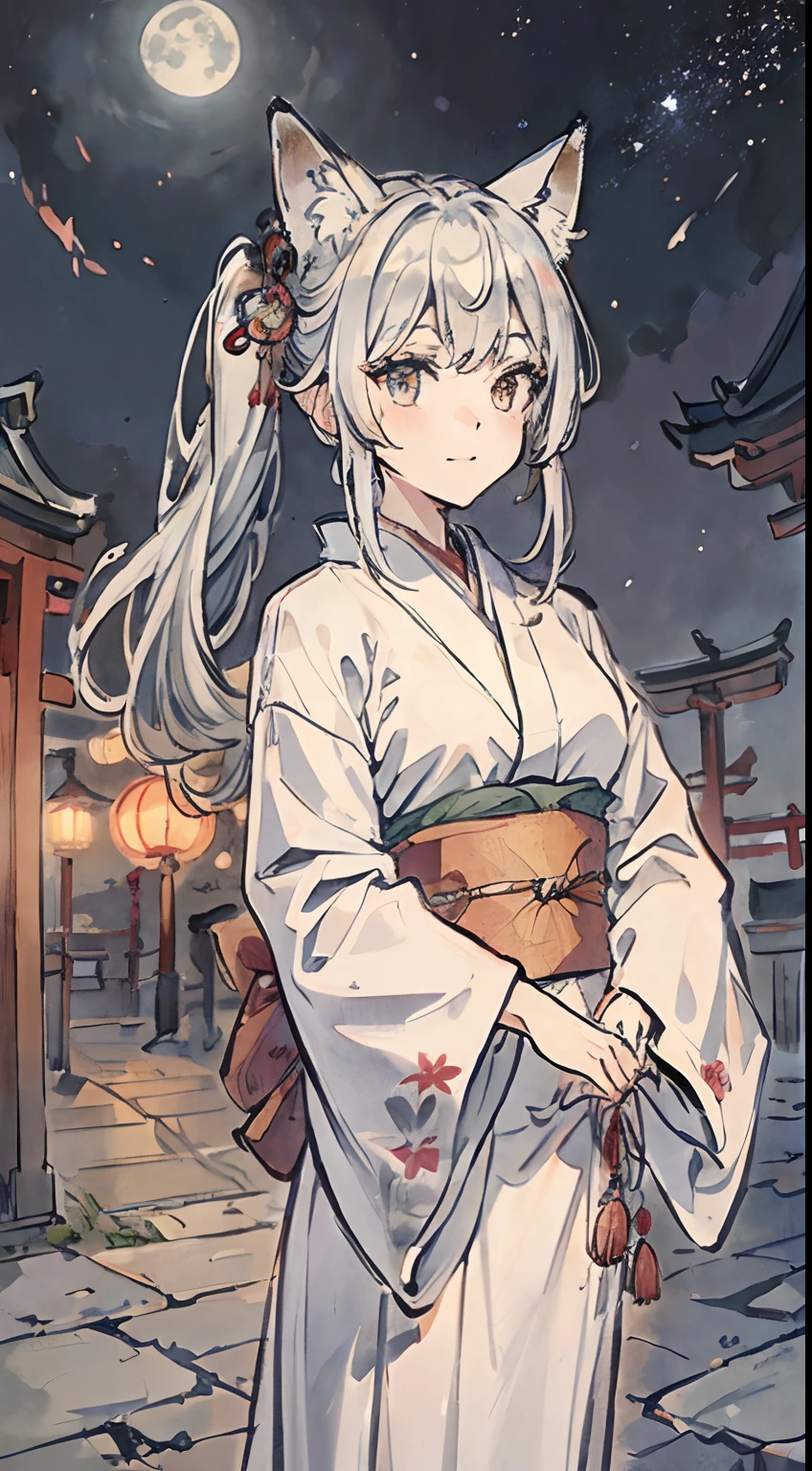 ((masutepiece)), ((Best Quality)), (ultra-detailliert), ((Extremely detailed)), 4K, (8K), Best Quality, (Beautiful), grayscales:1.8, Traditional Japan ink painting style:1.5, Night, Moon, Starry sky, autumnal, torii gate、shrines、Pretty women, Solo, Kimono appearance, Beautiful silver hair, beautiful gold eyes, ((beautidful eyes)), Twin-tailed, (Silvery fox ears), lightsmile, is standing