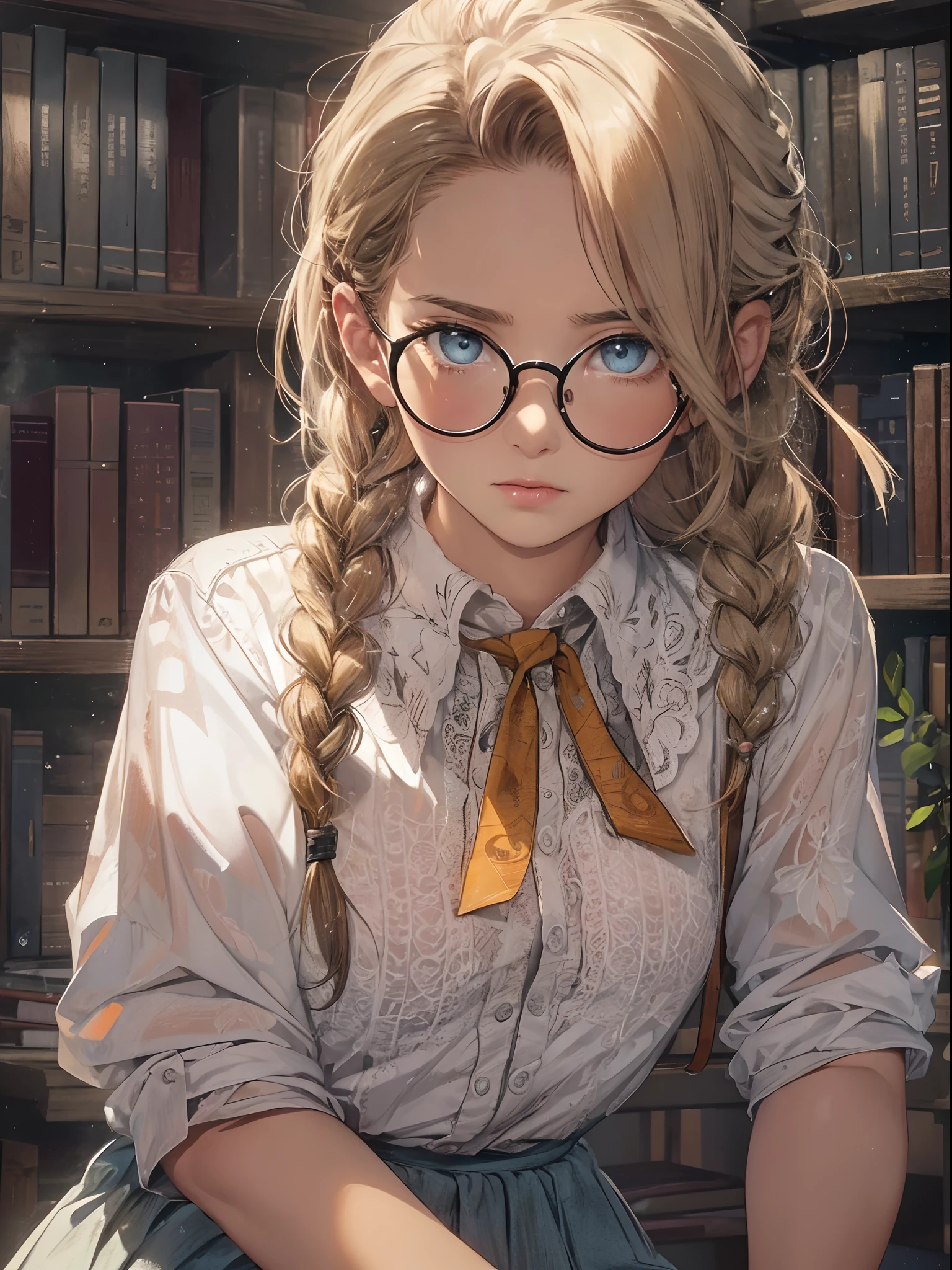 Solo, 1girl, masterpiece, best quality, extremly detailed, Cinematic lighting, intricate detail, highres, official art, finely detailed beautiful face and eyes, high resolution illustration, 8k, dark intense shadows, overexposure, [blonde hair/brown hair], single braid, blue eyes, glasses, smug, sitting on chair, upper body, large breasts, white shirts, yellow suspenders, book_stack, library, ((vine)), rose, looking at the viewer