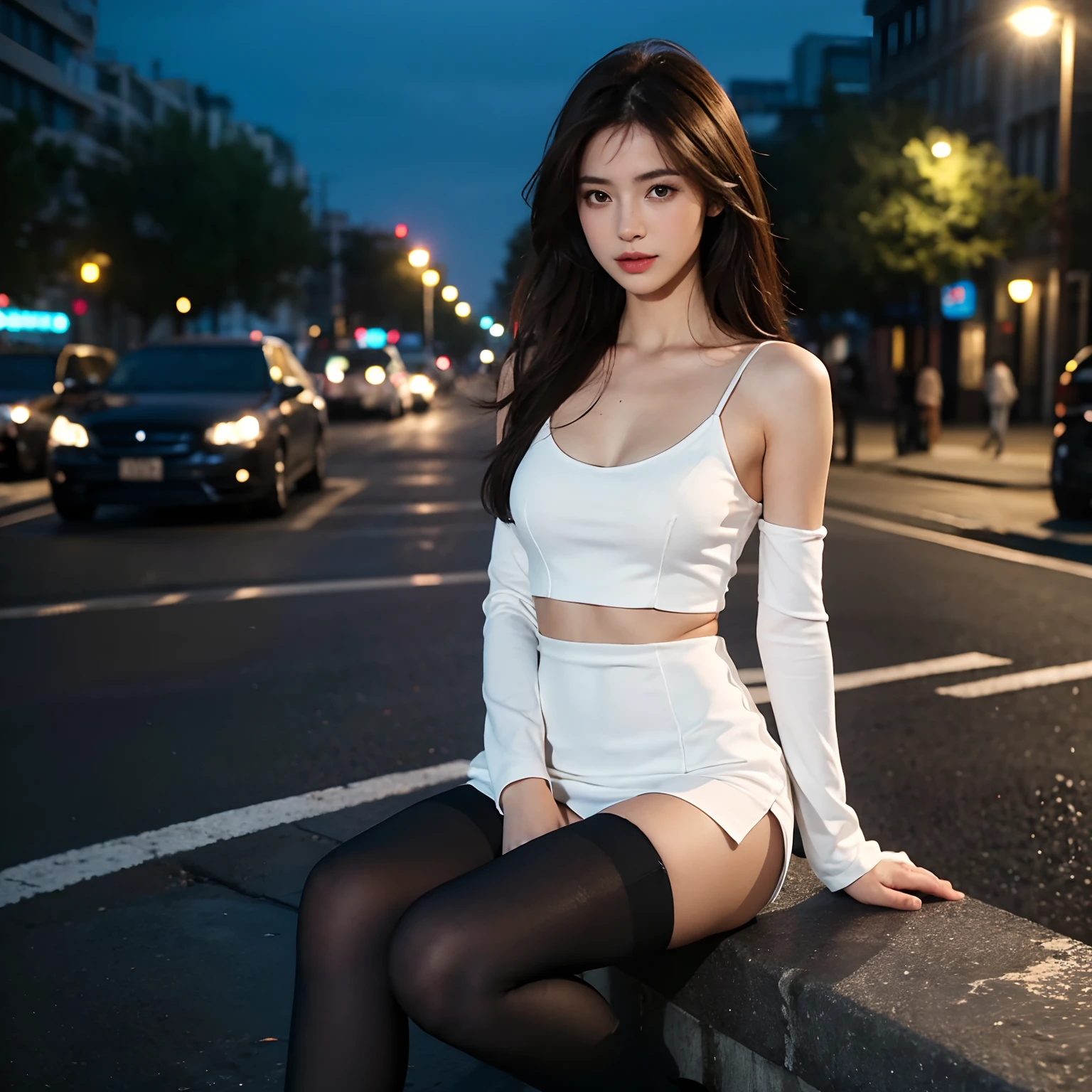 ((Realistic lighting, Best quality, 8K, Masterpiece: 1.3)), Clear focus: 1.2, 1girl, Perfect body beauty: 1.4, Slim abs: 1.1, ((dark brown hair)), (White dress: 1.4), (Outdoor, night: 1.1), City Street, Super Fine Face, Fine Eyes, Double Eyelids, (Over the knee black stockings: 1.5)