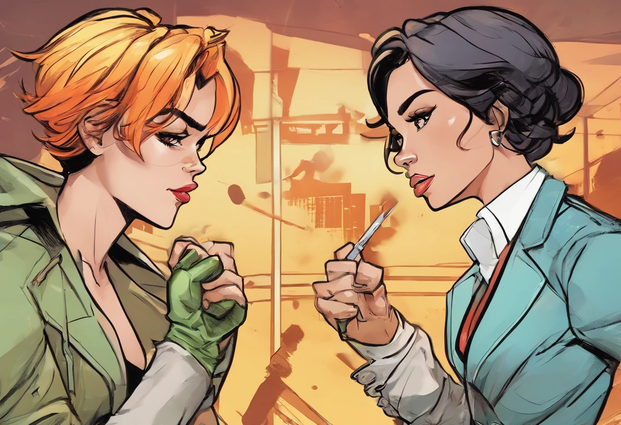 2girls,(fight against another:1.5),trench coat,bikini