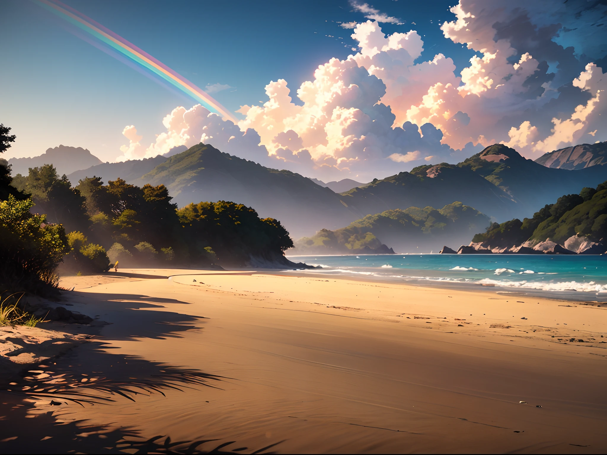 A wide-ranging landscape photo, captured with a stunning view of the beach, with the blue sky and the open countryside of the coastline below. On the golden sand, a girl is standing, barefoot, looking up. The bright sun (1:2) is radiant in the sky, scattering its rays of golden light throughout the scene. In the distance, distant mountains can be seen along the coast, adding a sense of serenity. BREAK Crafting Art tropical trees frame the beach, providing soft shade and a picturesque natural frame. The warm light (1.2) of the sun bathes the scene, creating a vibrant color palette, with shades of purple and orange blending harmoniously. Intricate details and volumetric lighting BREAK (Masterpiece: 1.2) highlight the stunning beauty of the place. The image quality is 4K, ultra detailed, capturing each element perfectly. The dynamic composition (1.4) gives movement and fluidity to the image, while vivid colors and a rainbow (1.2) add a magical touch. The brightness of the sun reflected in the water and the atmospheric lighting create an atmosphere of dream and tranquility. The soil (1.2) is rich in detail and texture, conveying the feeling of walking on the warm sand of the beach.