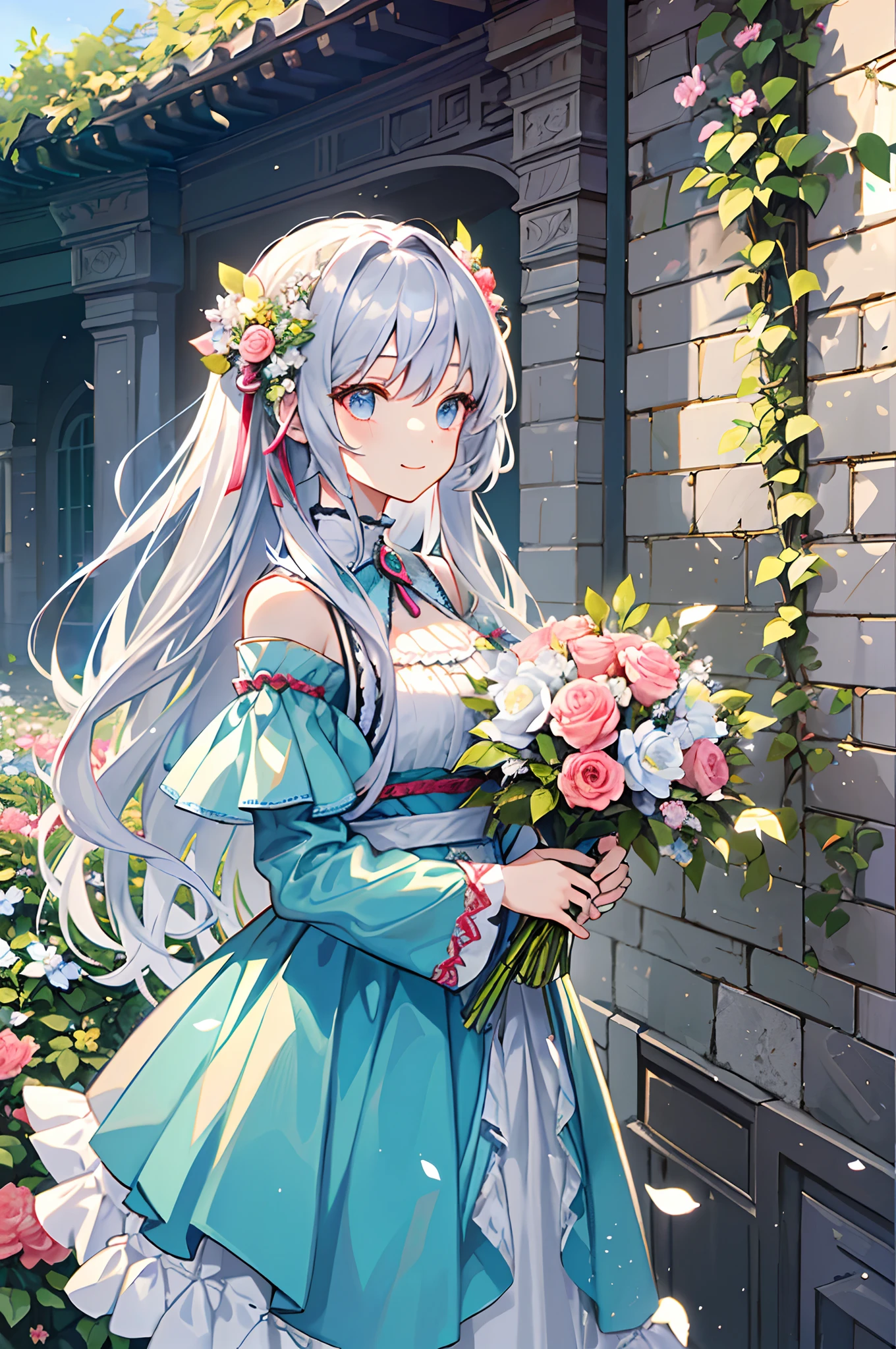 (tmasterpiece、top-quality、illustratio、Extremely high quality、high-level image quality、Extremely sensitive writing)Girl with long silver hair standing in beautiful flowery garden、A slight smile、She has a large bouquet、Cute national costume style dress，There are ruffles on the shoulders、Hair fluttering in the wind