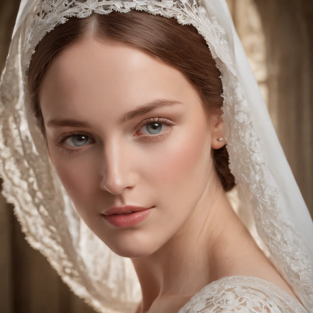 Craft an ultrarealistic photo-style prompt that portrays Mary, the mother of Jesus, with the utmost attention to detail. She should be elegantly attired in period clothing, featuring intricate lacework and exquisite fabric textures. Her expression should exude serenity and devotion, with the heart of Jesus prominently displayed on her , emitting a soft ethereal glow. The image should be in a 9:16 aspect ratio, allowing for a highly detailed depiction of Mary's face, capturing every nuance of her serene countenance. She wears a pristine white veil that gracefully drapes around her, adding to the composition's ethereal quality. Ensure that the final result embodies the pinnacle of ultrarealistic artistry.