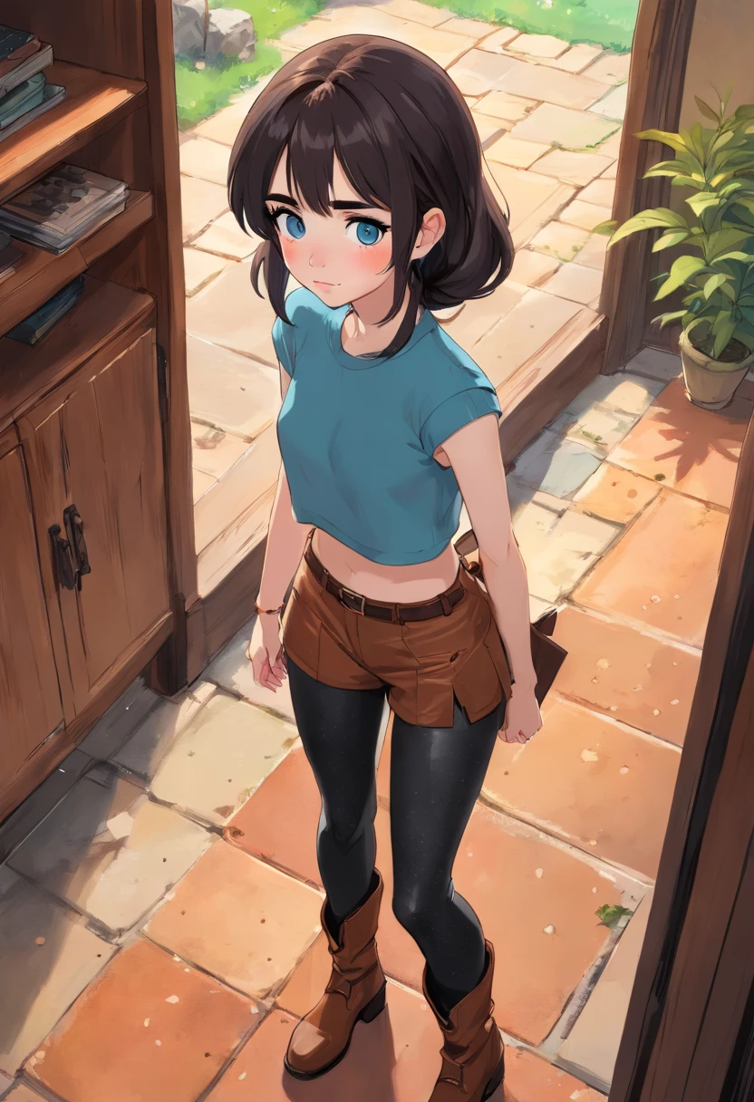 1girl, lily collins, ((freckles)), tan, upper body focus, tight crop top, black leather leggings, Brown boots, light blue eyes, black hair, big ponytail