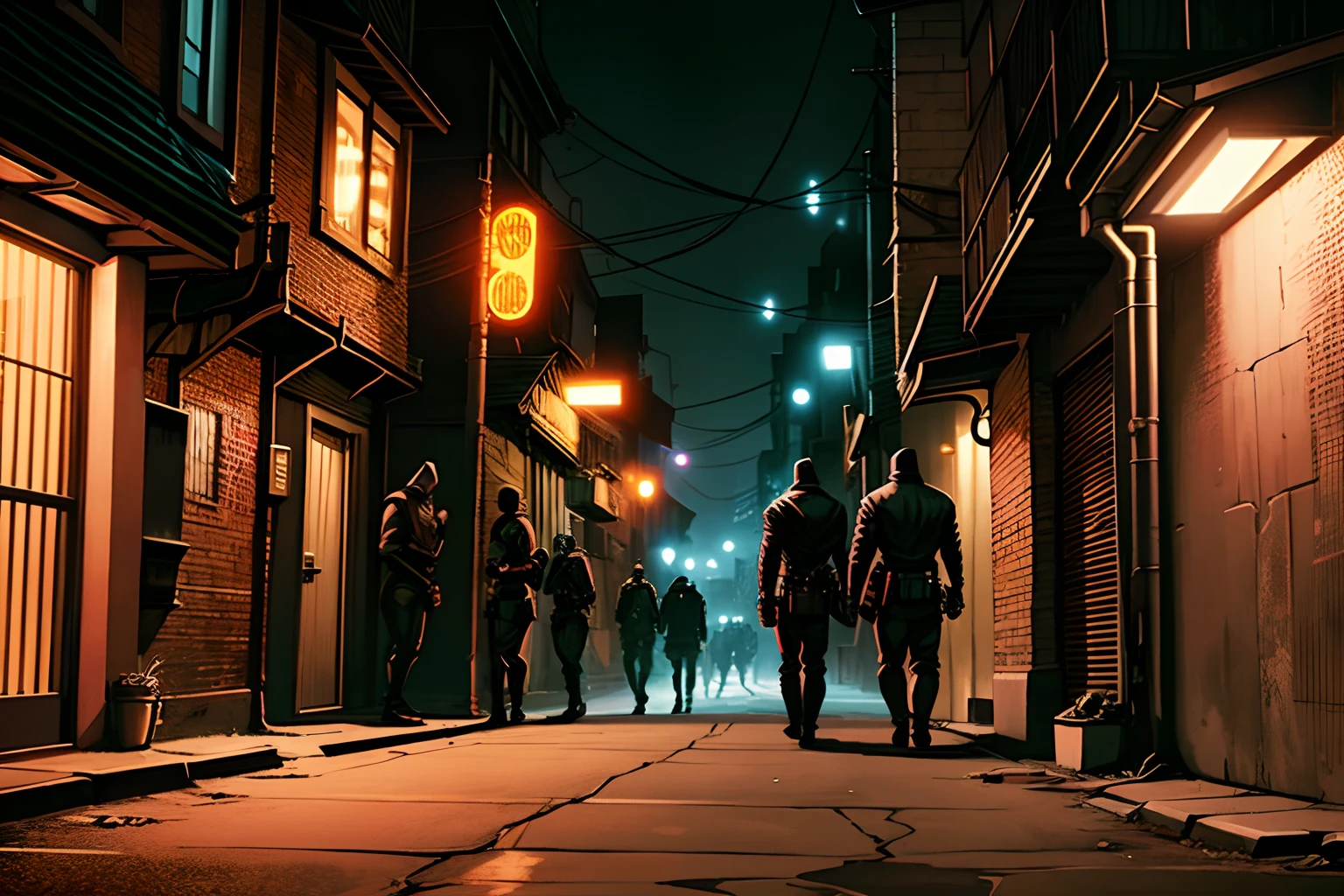 gang of criminals, creepy, gotham city street alley, night time