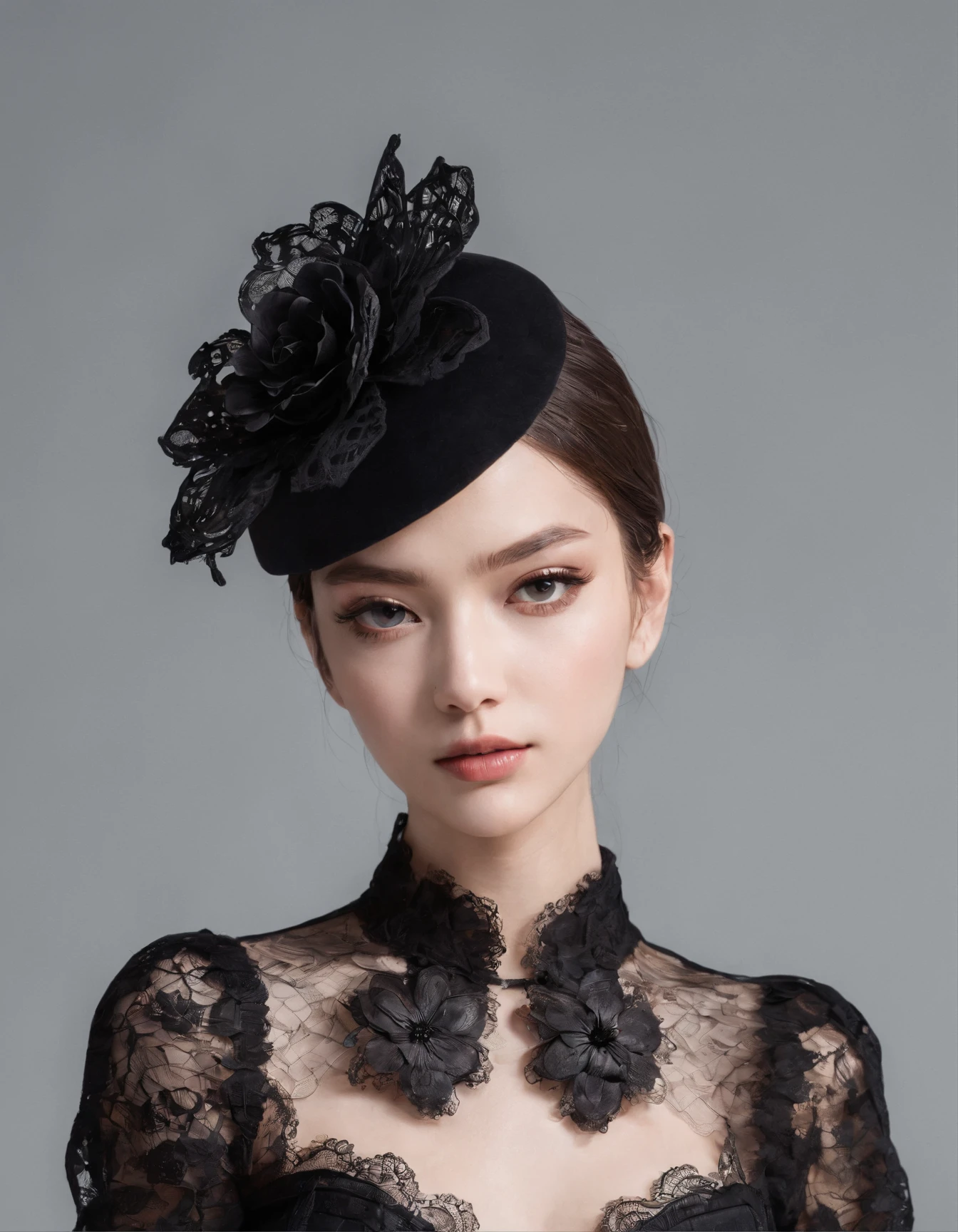 Pretty and very elegant girl wearing a talk cap decorated with big black lace flowers. Her entire face is covered with lace. She wears a loose-fitting black lace cocktail dress that hangs over her shoulders. Her skin is very shiny.
Her arms are folded、The fingertips of one hand touch her chin. The background is beautiful black. The room is dimly lit.、She is gently illuminated.
Very shallow depth of field、the background is blurred.