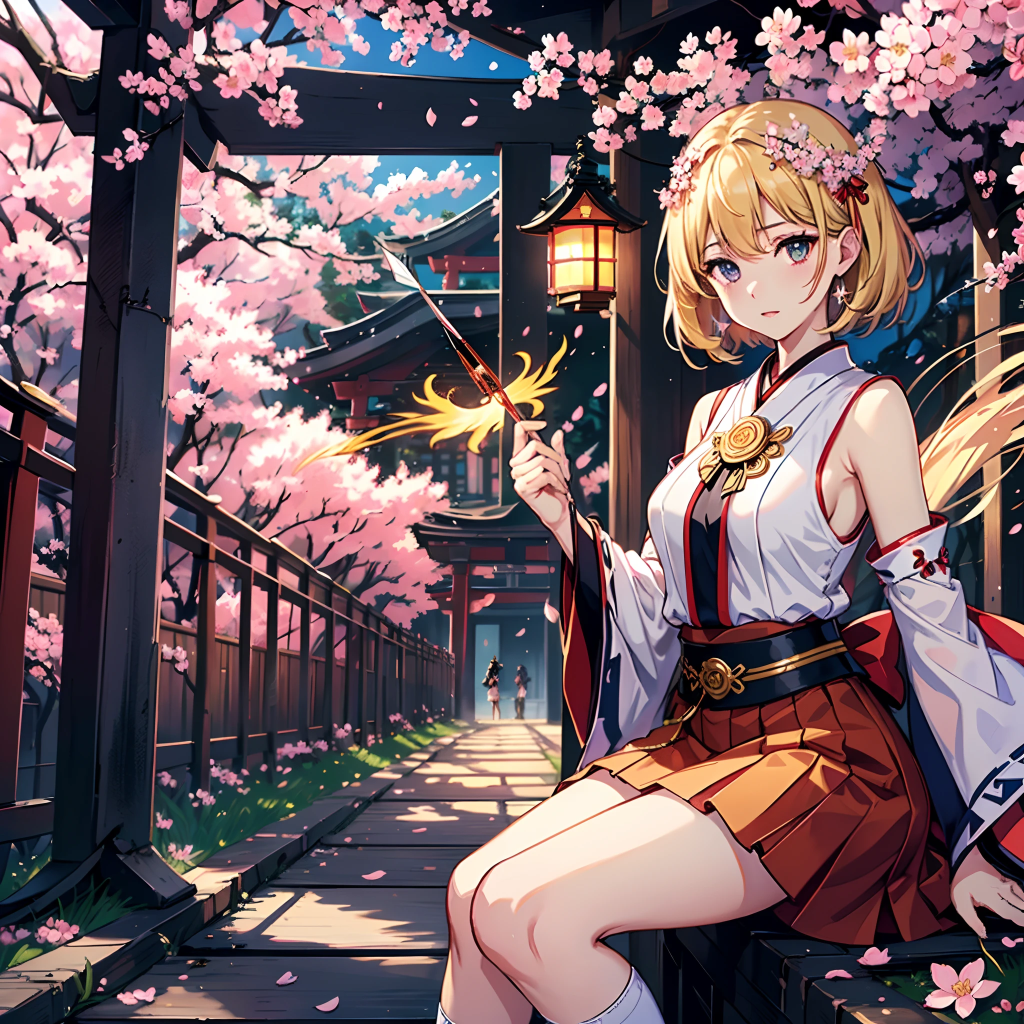 ((masutepiece)), ((Best Quality)), ((archery)), ((With a bow and arrow)),((holding a bow)),Blonde Blonde、short-hair、((Priestess costume))、((loimu_surge_Style、Flame surge)),((Fire Arrows))、(Cherry blossom scenery), Beautiful detailed sky, ((White priestess attire))、((a red skirt))、Shrine of Japan、Torii gate of the Japan shrine、Under the torii gate、White High Socks、((Sleeveless)),1girl in, breastsout,(masterpiece),(Highly detailed CG Unity,8K)、top-quality、独奏、beatiful detailed eyes、Bright pupils、(extremely delicate and beautiful)、((Beautiful and detailed eyes description、ultra-detailliert、masterpiece))、((Cherry blossom scenery)), Blurry background, Lola:GirlfriendMix2:1, zydG,