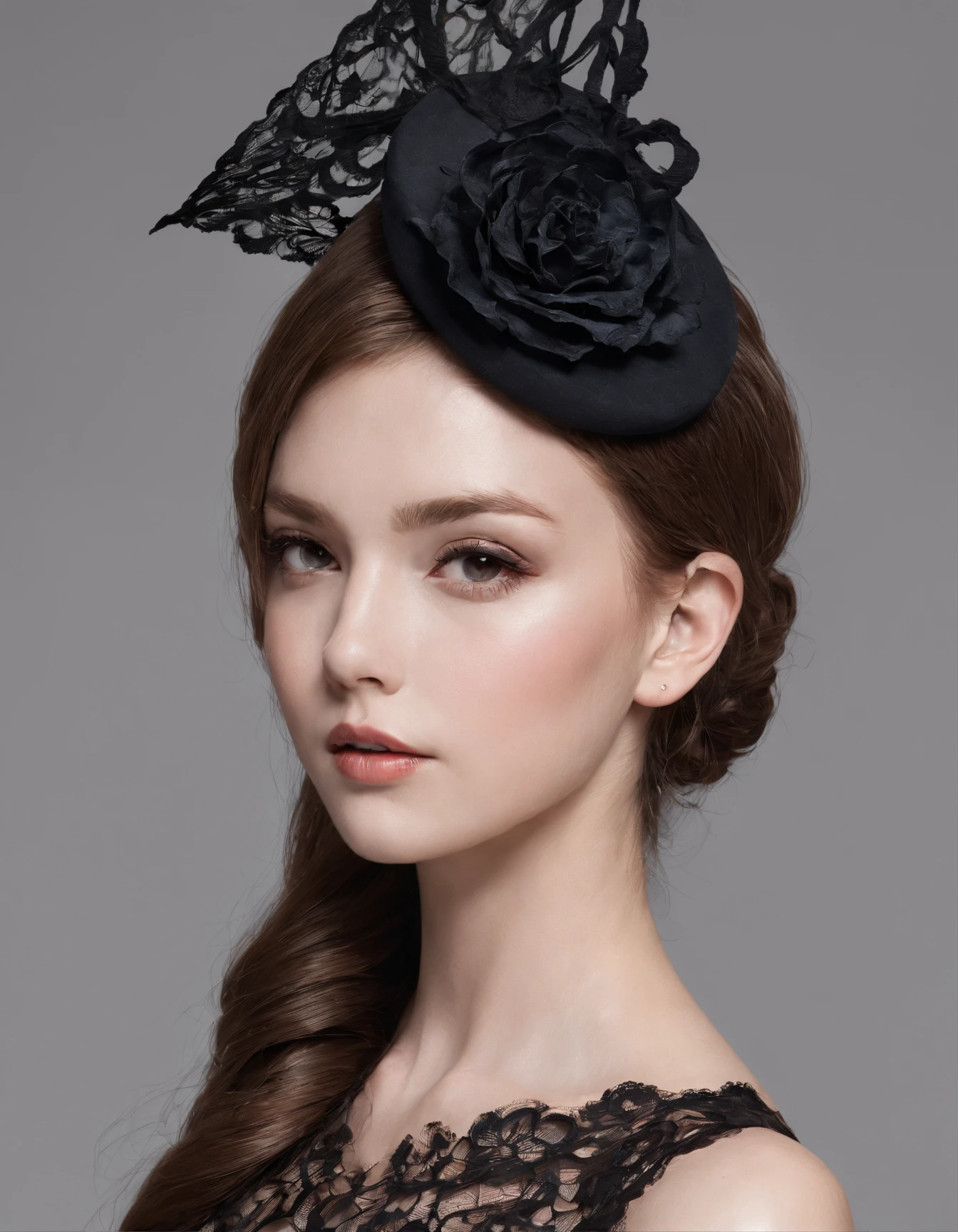 Pretty and very elegant girl wearing a talk cap decorated with big black lace flowers. Her entire face is covered with lace. She wears a loose-fitting black lace cocktail dress that hangs over her shoulders. Her skin is very shiny. The background is beautiful banquet. She is gently illuminated. Very shallow depth of field、the background is blurred. full body
