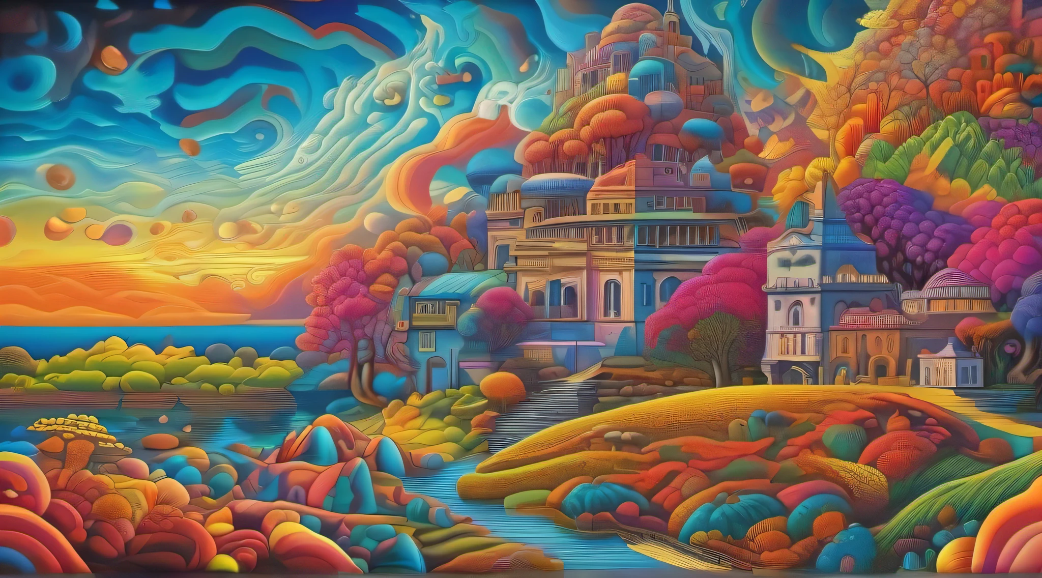 an artwork in the style of psychedelic surrealism, a fusion of psychedelic art and surrealism. The artwork depicts a dreamlike landscape with vibrant colors, and optical illusions. The artwork challenges the viewer’s perception of reality and evokes a sense of wonder and mystery. The artwork is influenced by the works of Salvador Dali, M.C. Escher, and Peter Max.