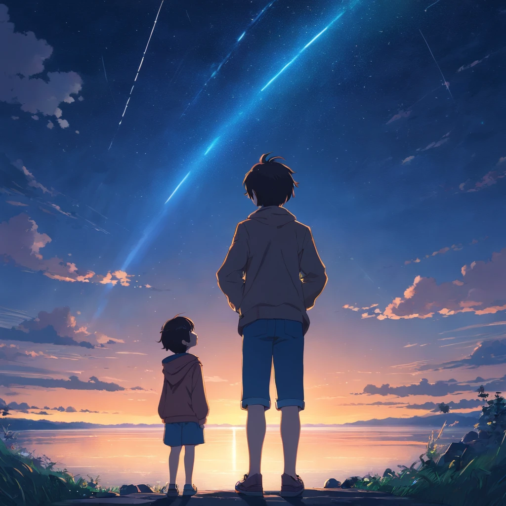 masterpiece, best quality, movie still, 1boy, looking up at the dark night sky, beautiful, cinematic