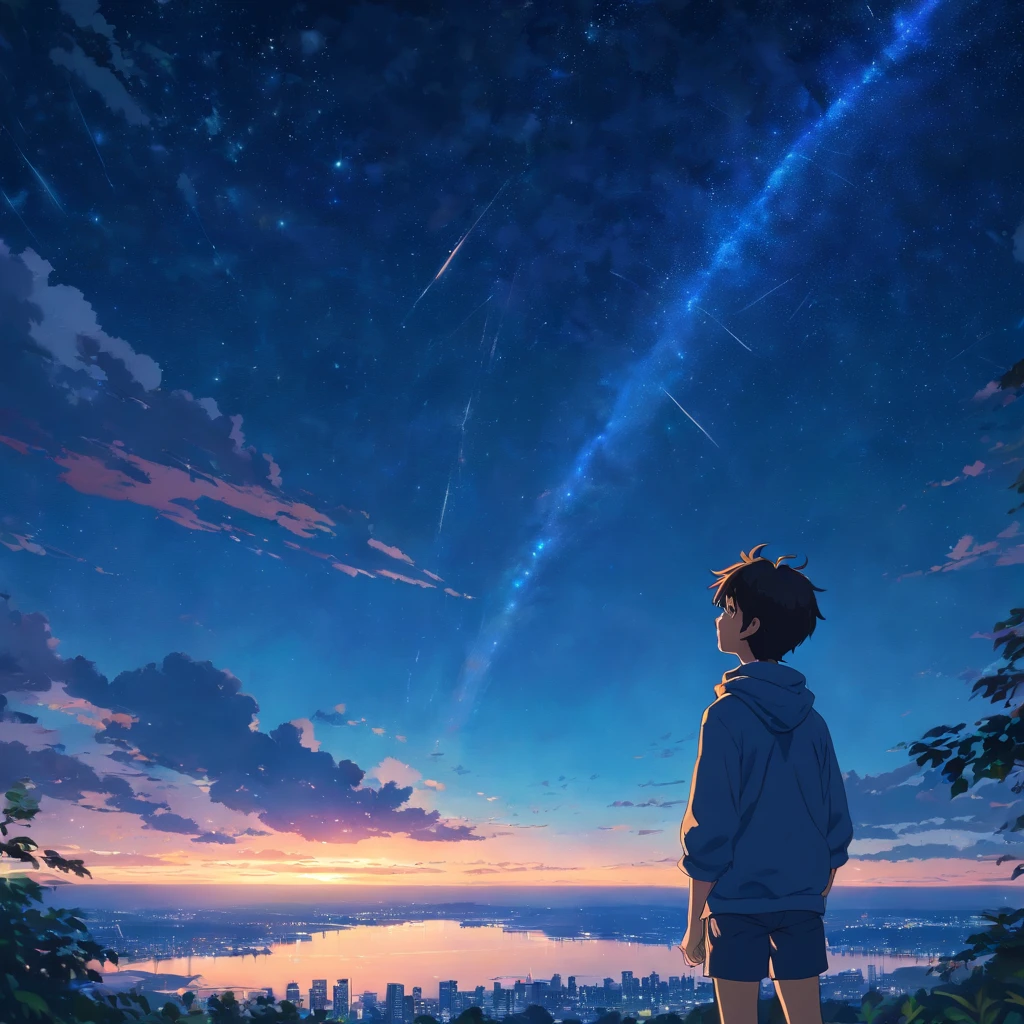 masterpiece, best quality, movie still, 1boy, looking up at the dark night sky, beautiful, cinematic
