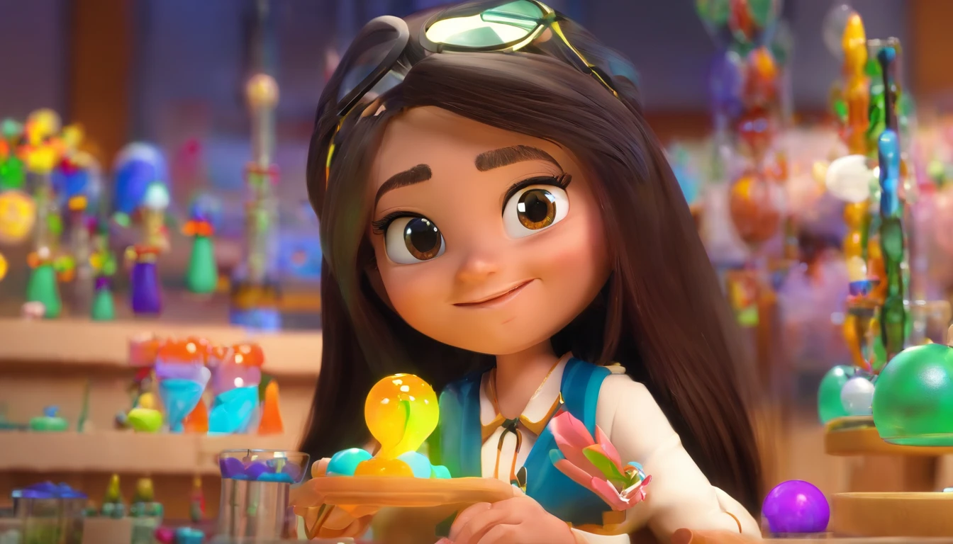 a smile girl black long hair,brown eyes and goggles is looking at gemstone, embedded gemstones, eye-catching, colorful mold, looks cool, doing experiments in her science lab, working in her science lab, product introduction photos, carvings, colorful slime, made of colorful crystals, advertising photos, crafts, having fun, process art, long picture, 9:16 Preparing Waiting to start