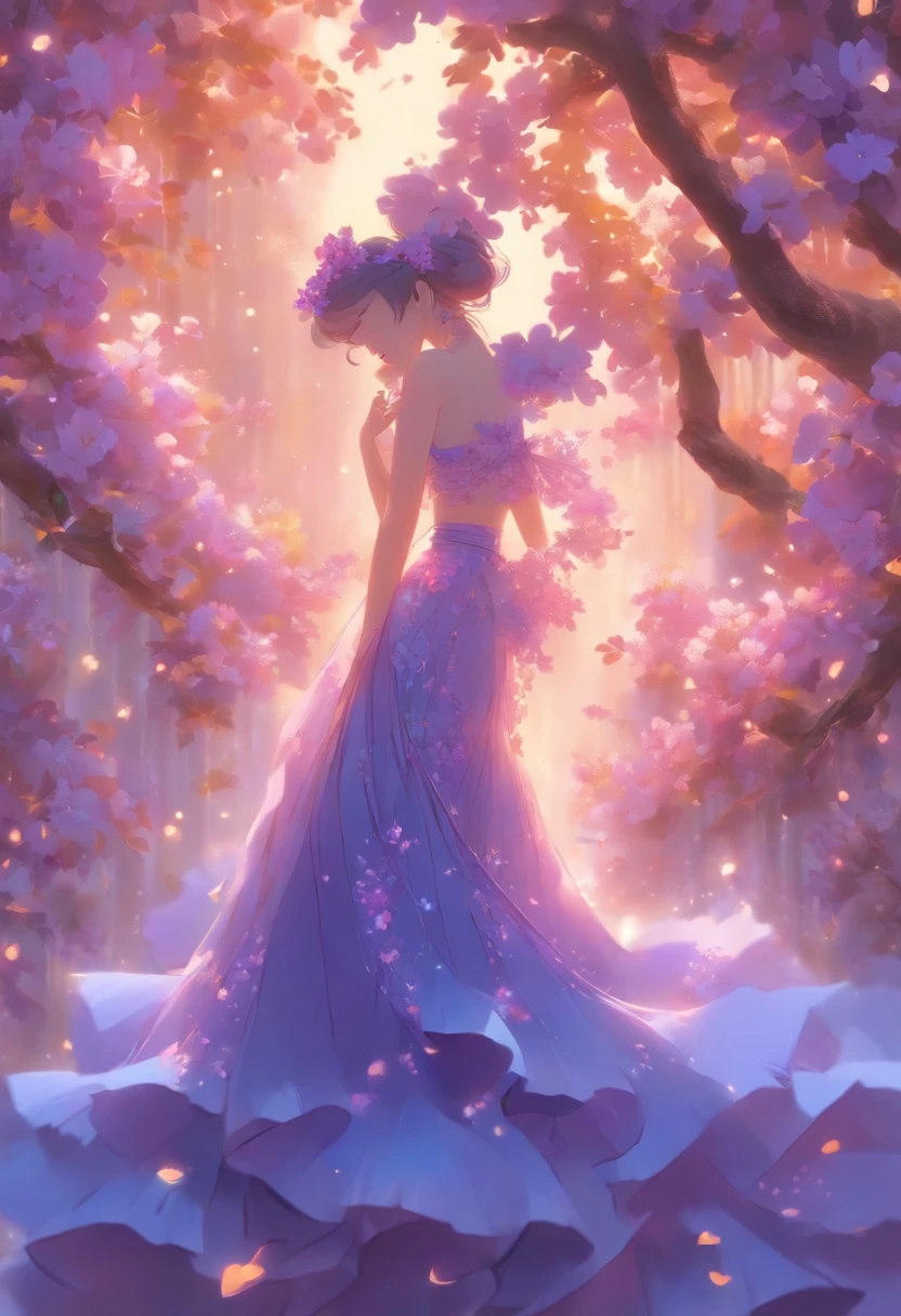 Jacaranda，The flowers of the jacaranda take on a rich purple hue，The colors are bright and pastel，It's like a work of art，The petals are soft and delicate，It's like layers of tulle，Gently float in the air，It makes people feel extremely soft and warm，Dance on the branches，A skirt woven like fine blue silk thread，Light and tactful，Like a group of elegant dancers，Dance in a sea of flowers，