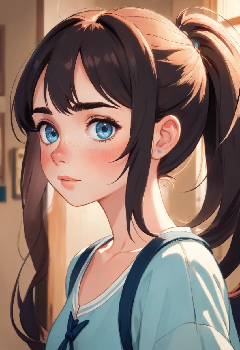 1girl, lily collins, ((freckles)), tan, upper body focus, school girl, light blue eyes, black hair, big ponytail