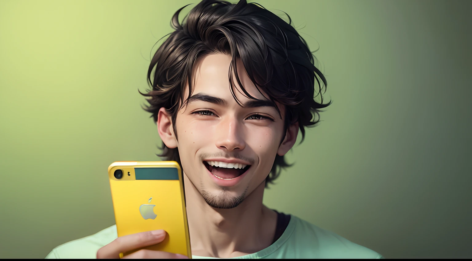 a man looking at the cell phone in his hand with an expression of happiness and his mouth open colors with tones slightly towards dark green