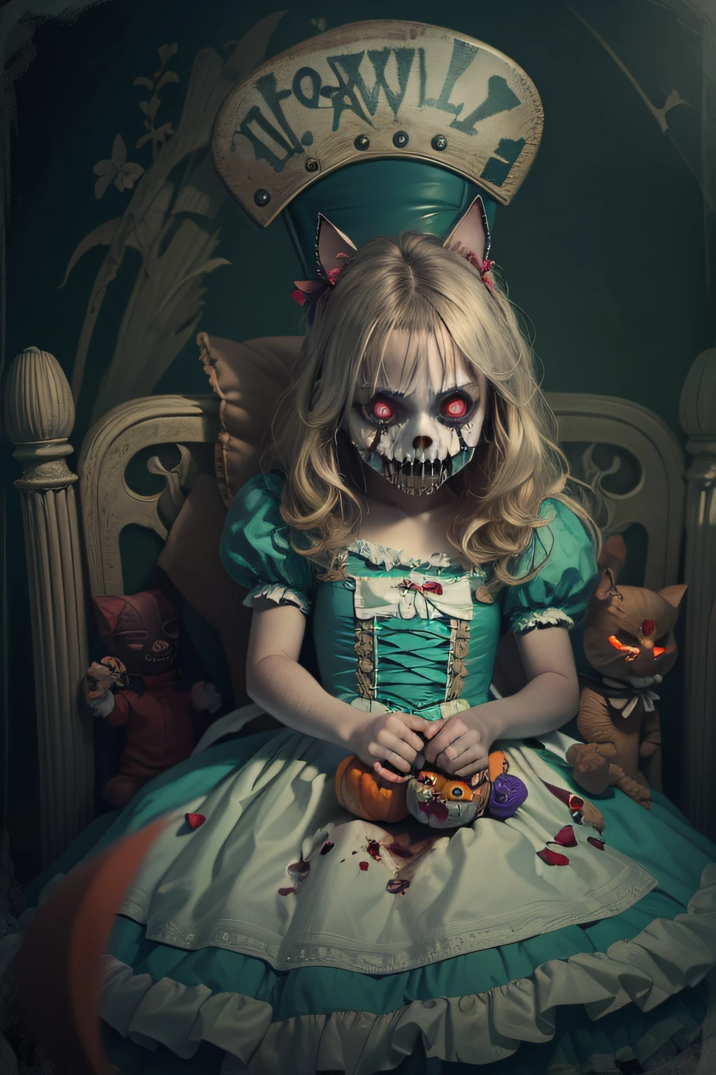 image Alice in Wonderland in horror style Halloween, horror style chester cat, matte and dark colors, terrifying and scary scene