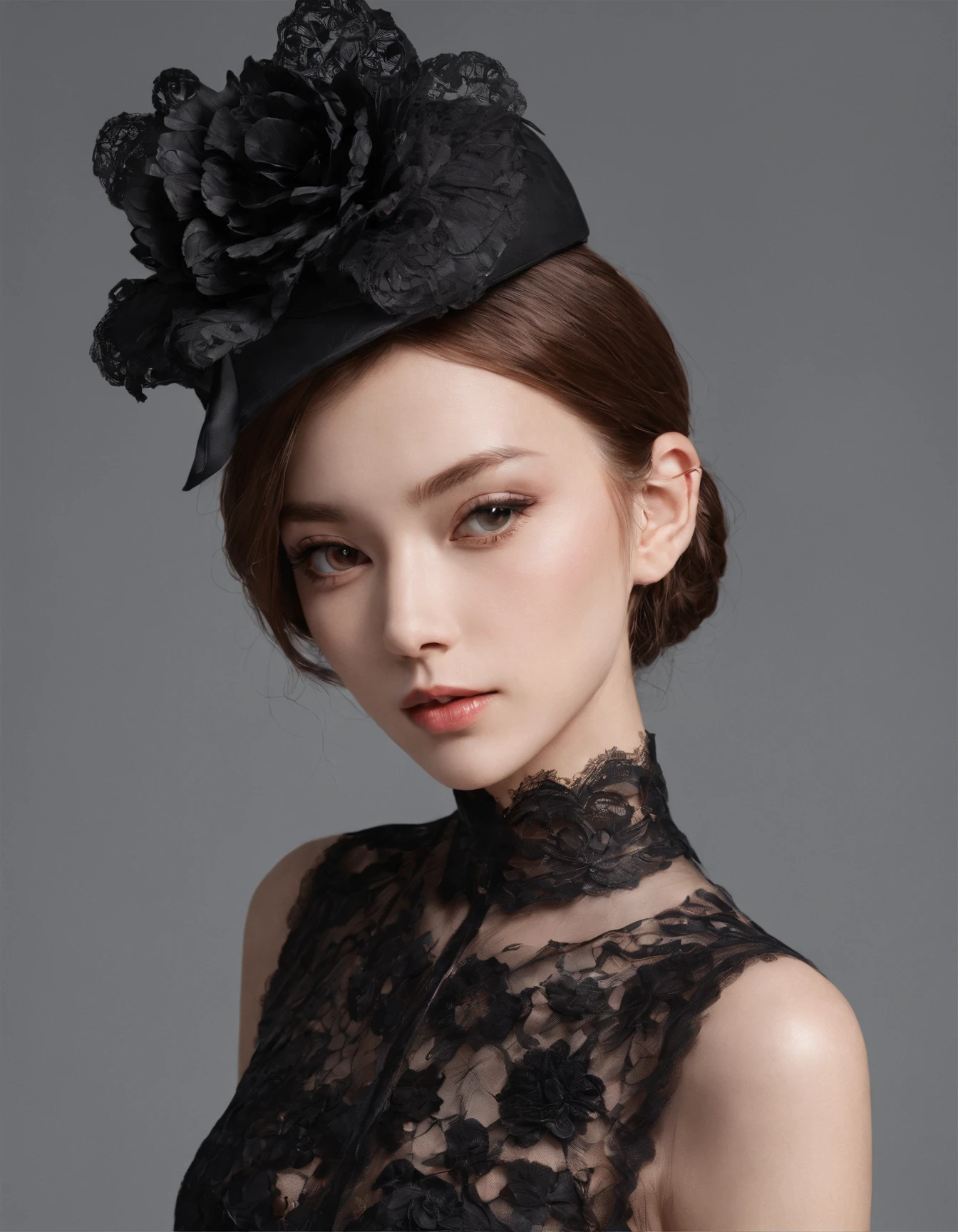 Pretty and very elegant girl wearing a talk cap decorated with big black lace flowers. Her entire face is covered with lace. She wears a loose-fitting black lace cocktail dress that hangs over her shoulders. Her skin is very shiny. Her arms are folded、The fingertips of one hand touch her chin. The background is beautiful black. The room is dimly lit.、She is gently illuminated.
Very shallow depth of field、the background is blurred. good hand
