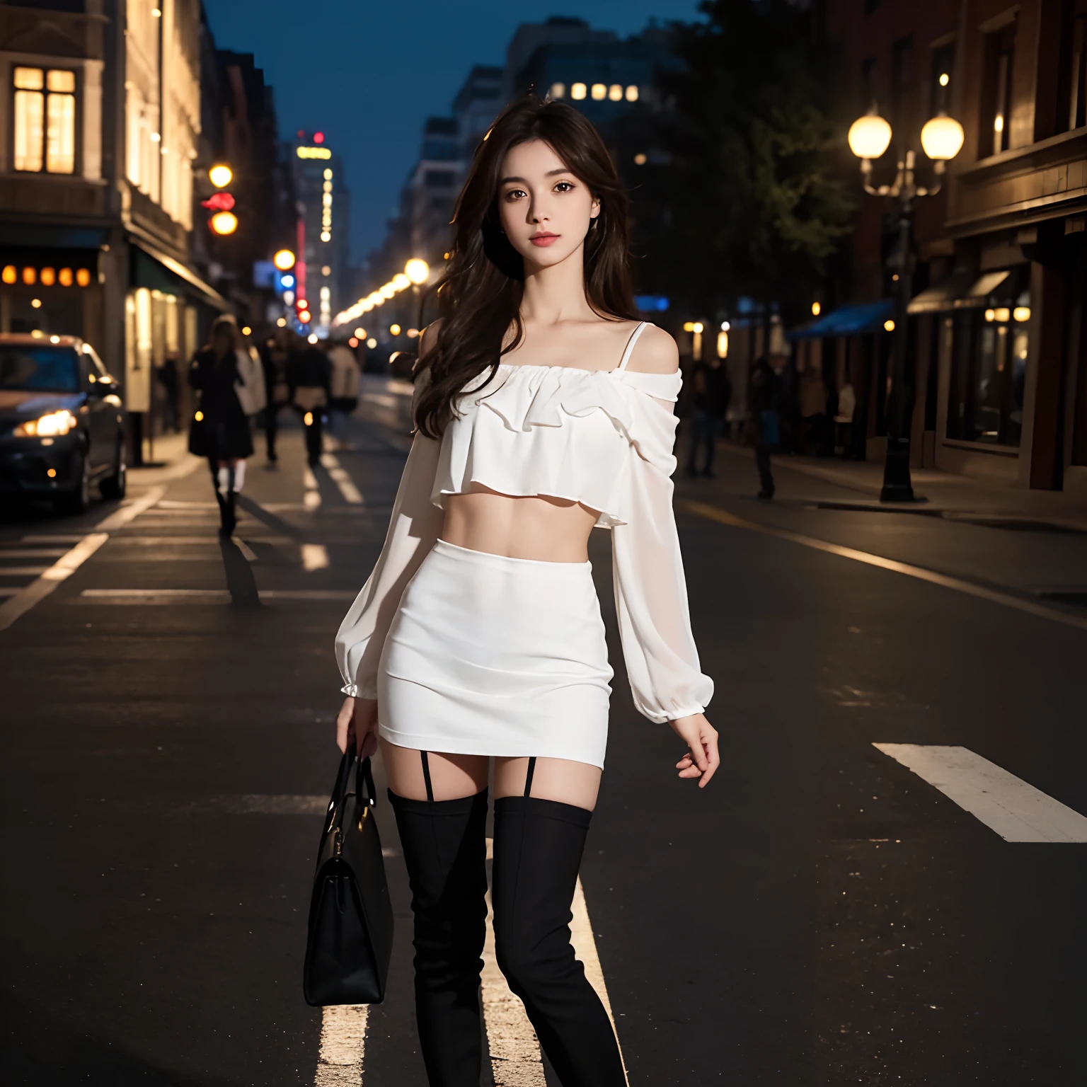 ((Realistic lighting, Best quality, 8K, Masterpiece: 1.3)), Clear focus: 1.2, 1girl, Perfect body beauty: 1.4, Slim abs: 1.1, ((dark brown hair)), (White dress: 1.4), (Outdoor, night: 1.1), City Street, Super Fine Face, Fine Eyes, Double Eyelids, (Over the knee black stockings: 1.5)