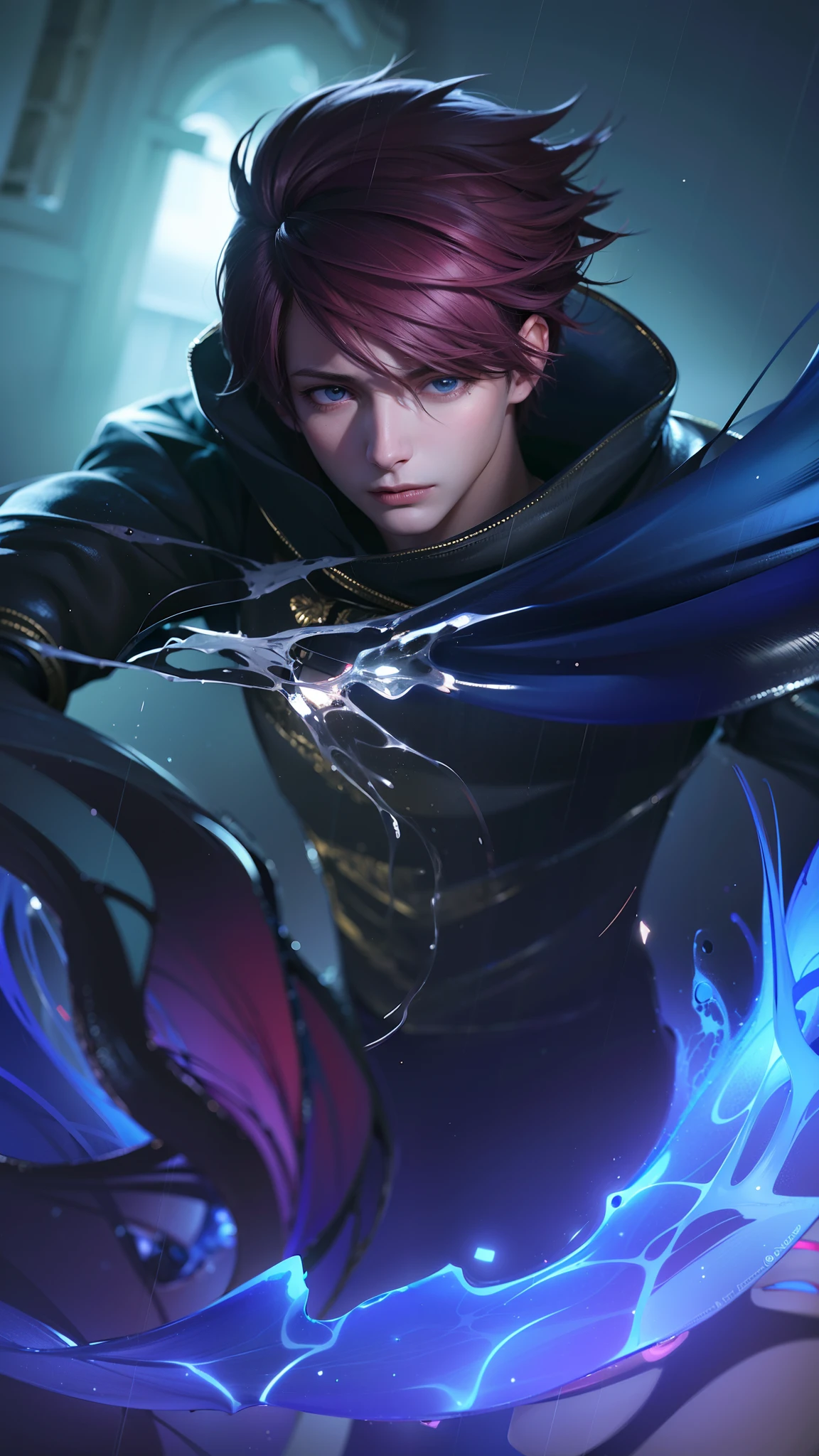 masculine male, masterpiece, ((perfect eyes)) best quality, (semirealism:1.9), beautiful lighting, (extremely detailed CG unity 4k fhd wallpaper), High Detail, Sharp focus, dramatic outdoors, 1 boy ,19 years old, white hair, light purpel eyes, smile.