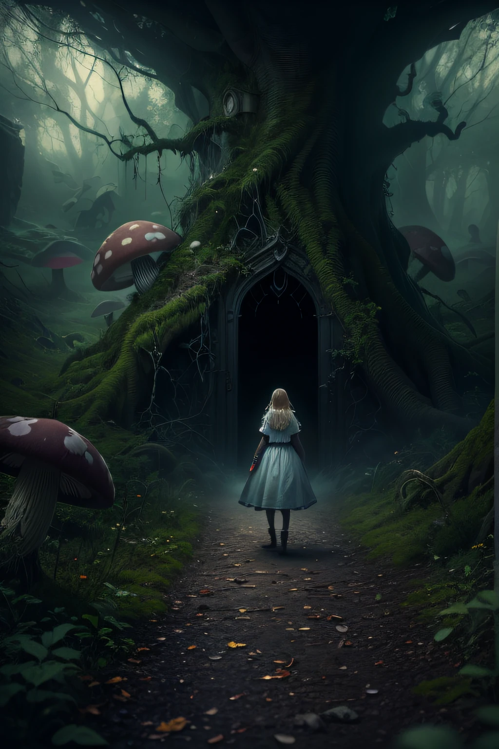 (best quality,4k,8k,highres,masterpiece:1.2),ultra-detailed,(realistic,photorealistic,photo-realistic:1.37),Alice in Wonderland,,horror style,Halloween,horror style chester cat,matte,dark colors,terrifying scene,scary scene,spooky atmosphere,gloomy setting,abandoned mansion,creepy trees,moonlit night,haunting shadows,dense fog,macabre decor,ominous presence,sinister figures,lurking creatures,mysterious door,giant mushrooms,psychedelic landscape,enchanted forest,ominous sound,terrified expression,deep fear,nightmarish vision,unsettling aura,distorted reality,perplexing angles,uncanny details,branching paths,impossible geometry,disorienting sensation,unsettled mind,deepening darkness,glimmers of madness,hauntingly beautiful,horror-filled Wonderland,children's nightmare,unfathomable Wonderland journey