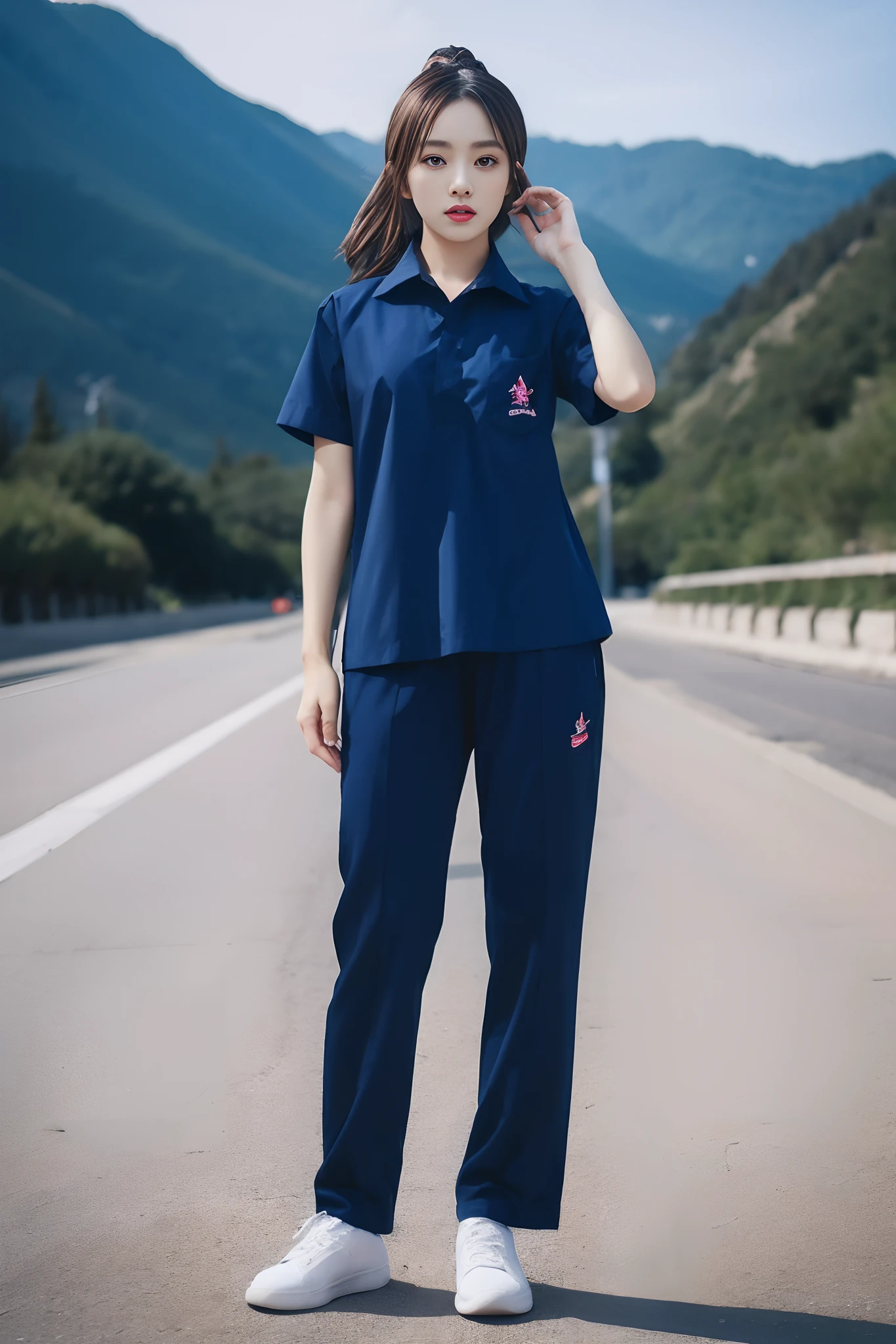 masterpiece, best quality, ultra realistic, hyper-detailed, 8k resolution, RAW photo, sharp focus, (1girl in mountain), ((navy shirt:1.1)), short sleeves, long trackpant,full body pose, solo, perfect body, mature female, 21yo, cinematic light,white shoes