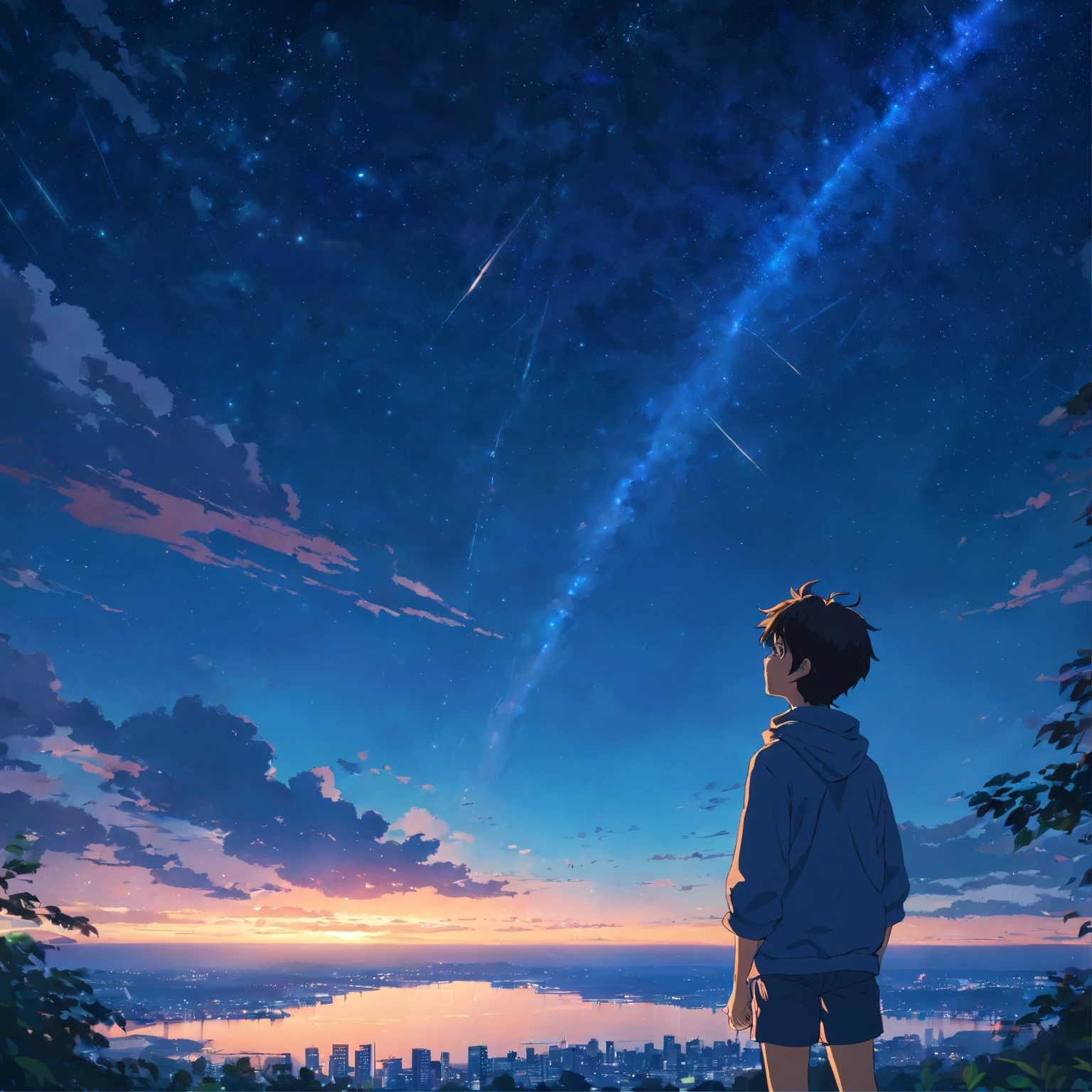 masterpiece, best quality, movie still, 1boy, looking up at the dark night sky, beautiful, cinematic