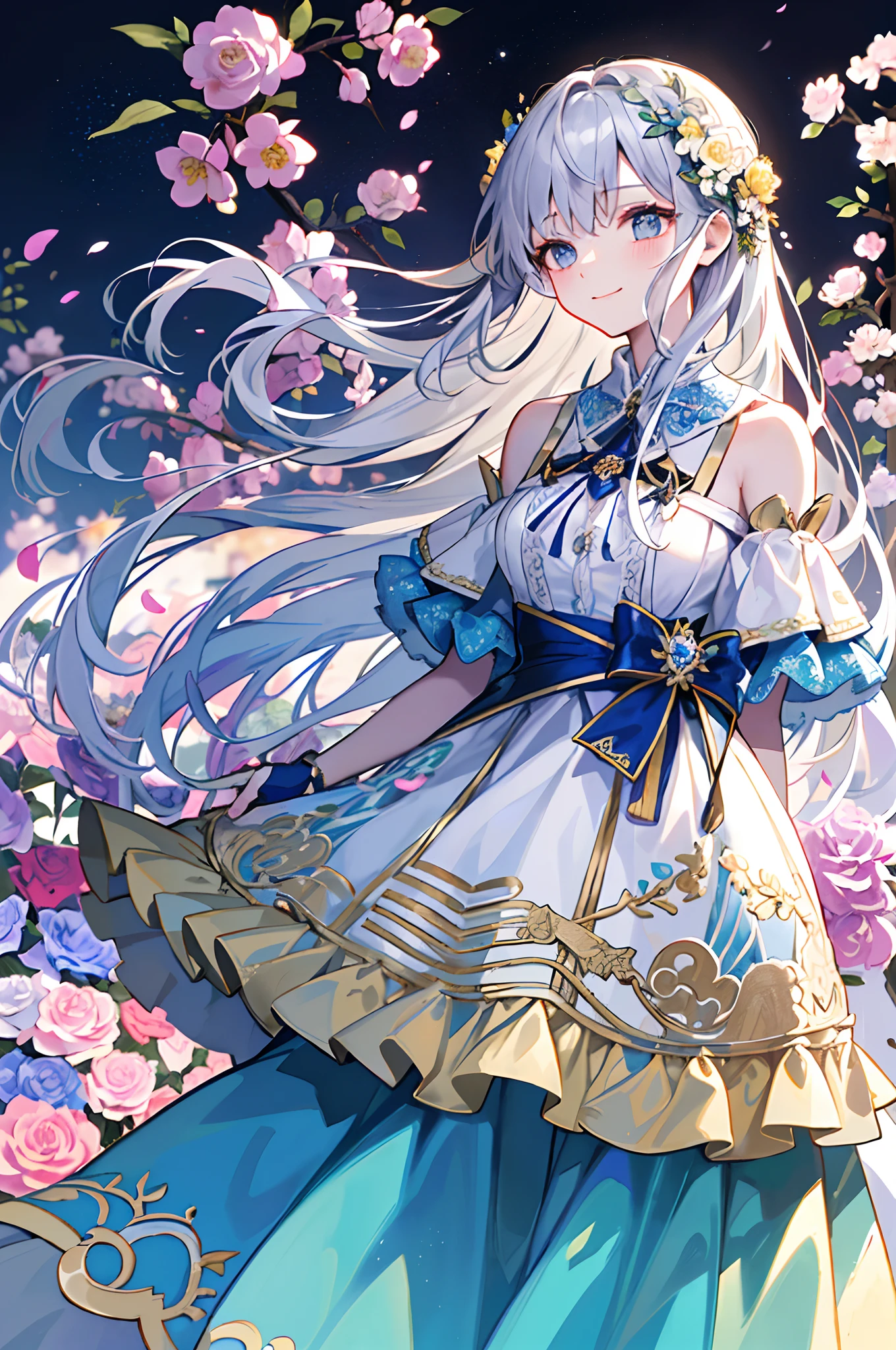 (tmasterpiece、top-quality、illustratio、Extremely high quality、high-level image quality、Extremely sensitive writing)Girl with long silver hair standing in beautiful flowery garden、A slight smile、She has a large bouquet、Cute national costume style dress,There are ruffles on the shoulders、Hair fluttering in the wind