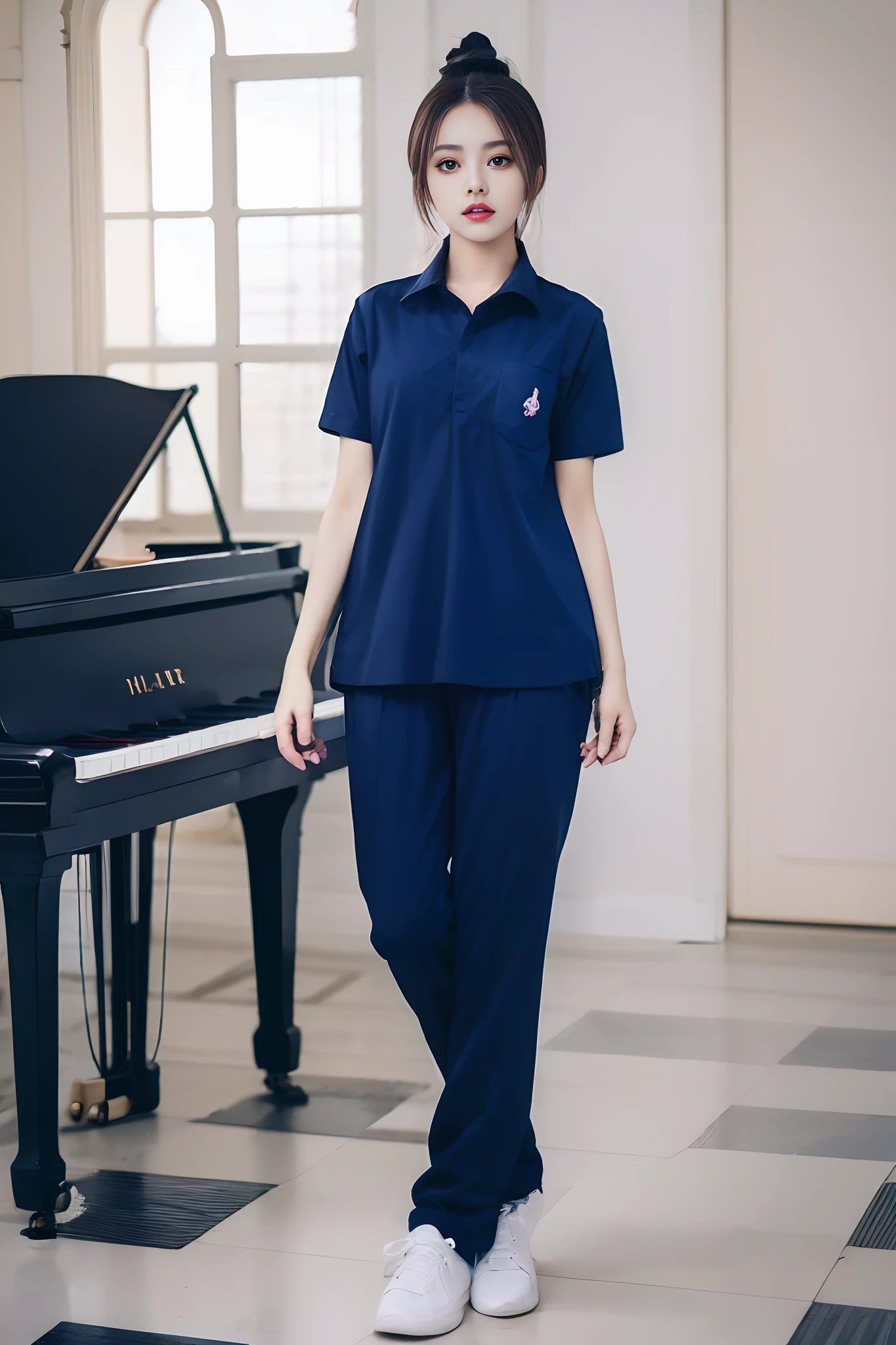 masterpiece, best quality, ultra realistic, hyper-detailed, 8k resolution, RAW photo, sharp focus, (2girl in piano room), ((navy shirt:1.1)), short sleeves, long trackpant,full body pose, perfect body, mature female, 18yo, cinematic light,white shoes