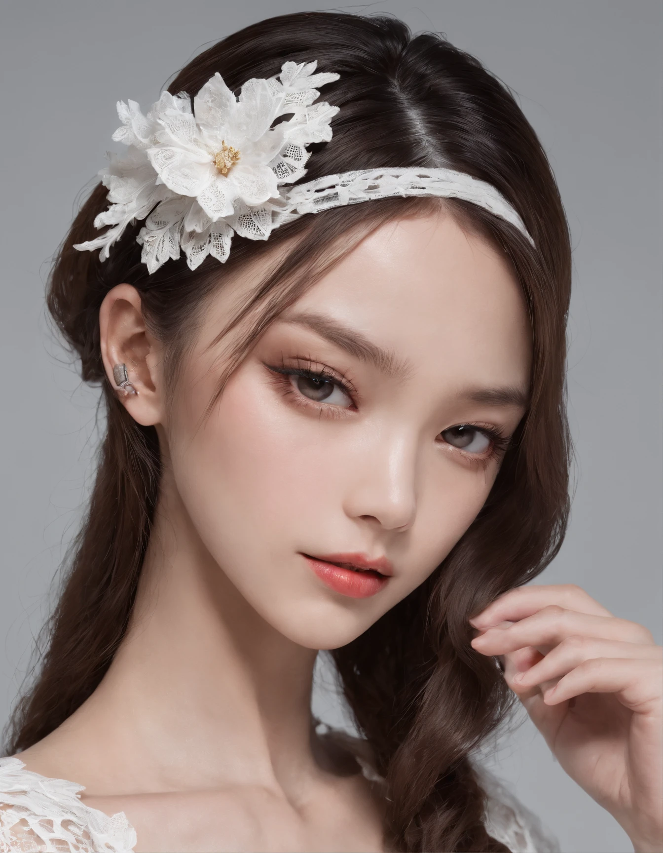 Pretty and very elegant girl wearing a talk cap decorated with white lace flowers. Her entire face is covered with lace. She wears a loose-fitting white lace cocktail dress that hangs over her shoulders. Her skin is very shiny. Her arms are folded、The fingertips of one hand touch her chin. The background is beautiful black. The room is dimly lit.、She is gently illuminated.
Very shallow depth of field、the background is blurred.