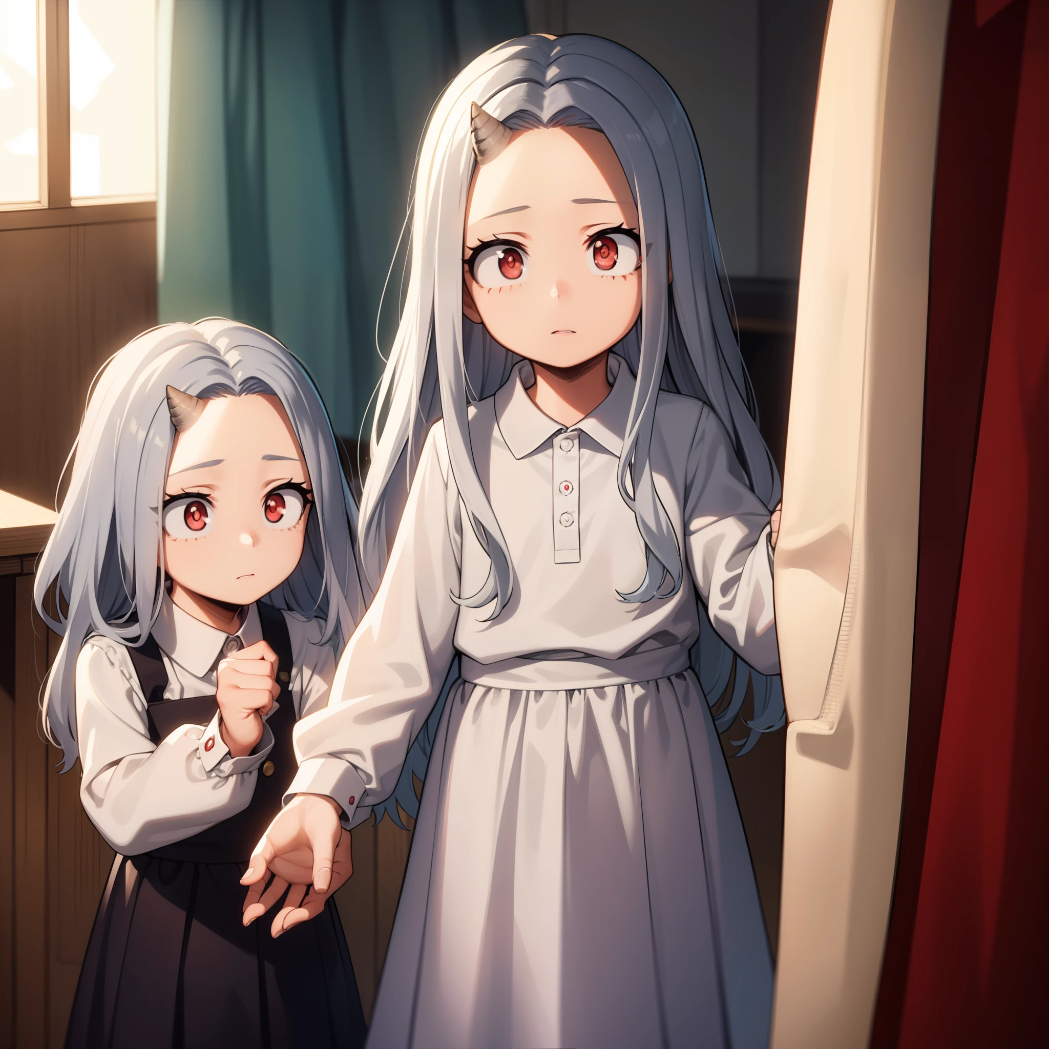 academiaeri, eri, long hair, (red eyes:1.5), grey hair, horns, child, single horn, female children,
BREAK shirt, long sleeves, dress, white shirt, collared shirt, red dress, pleated dress,
BREAK looking at viewer,
BREAK indoors,
BREAK (masterpiece:1.2), best quality, high resolution, unity 8k wallpaper, (illustration:0.8), (beautiful detailed eyes:1.6), extremely detailed face, perfect lighting, extremely detailed CG, (perfect hands, perfect anatomy), 3girls, sisters, sister picture