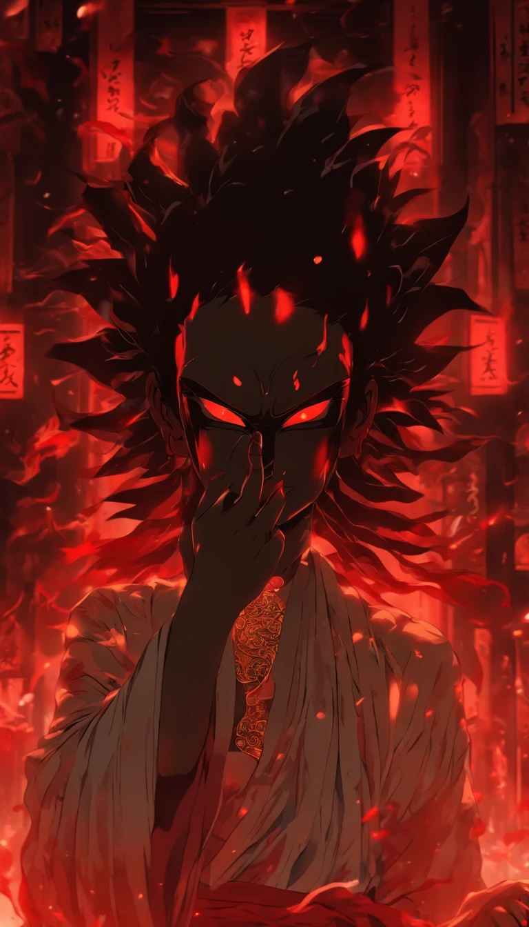 Blood red room, Flashing white TV screen, BUDDHA STATUE, cabelos preto e longos, with hair dishevelled, Cover one eye and face, Bright red eyes, Wearing a white transparent robe, Looming full breasts,liquor,Devil， reaching out her hands，Straighten your body, Red nails are exposed, Pinch the camera, hyper HD, Anatomically correct, Textured skin, Super detail, High details, High quality, A high resolution, 8K, hyper HD, Anatomically correct, Textured skin, Super detail, High details, High quality, Best quality, 8K,Leishnampo,Room 2,Horror
