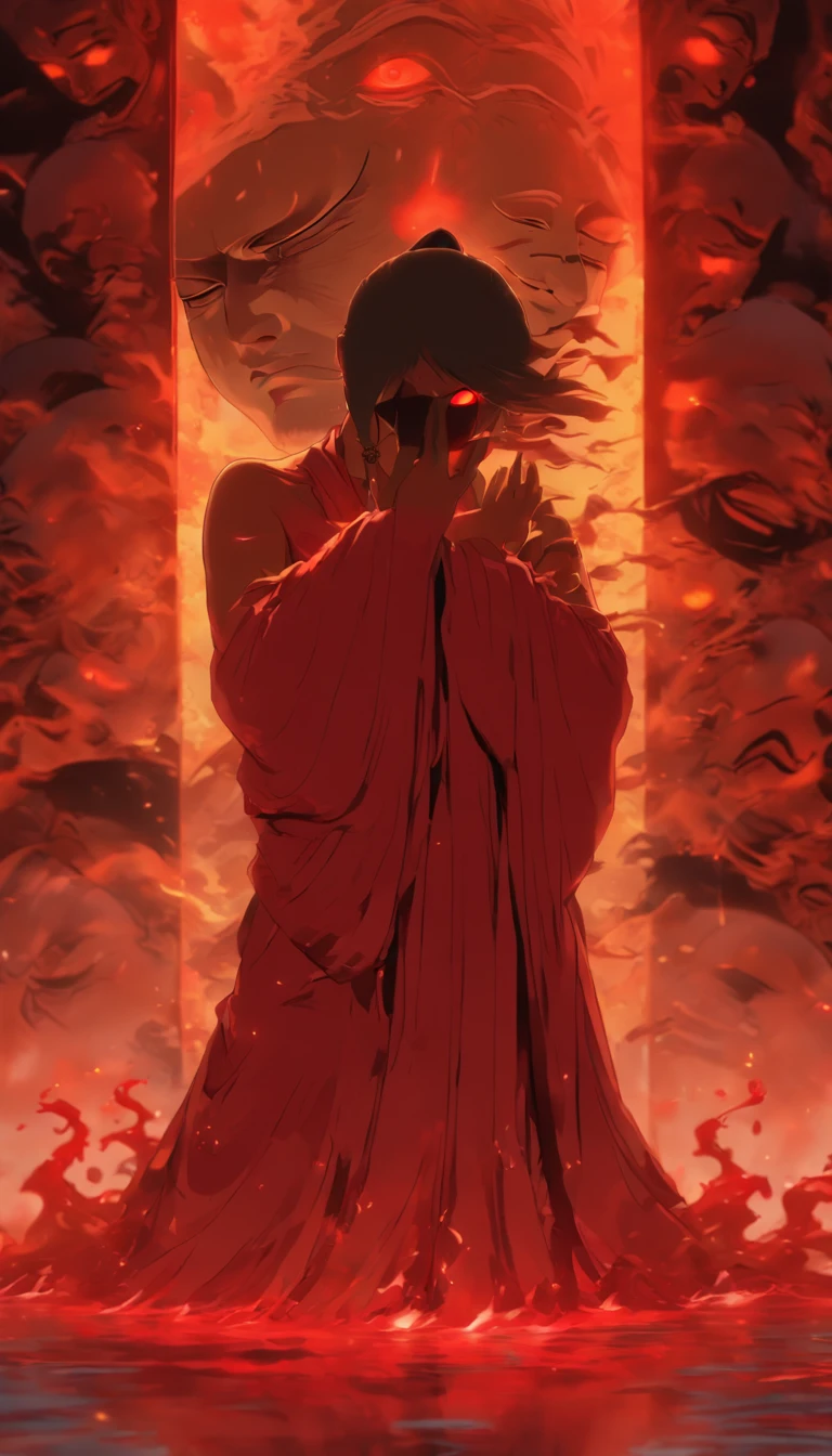 Blood red room, Flashing white TV screen, BUDDHA STATUE, cabelos preto e longos, with hair dishevelled, Cover one eye and face, Bright red eyes, Wearing a white transparent robe, Looming full breasts,liquor,Devil, reaching out her hands,Straighten your body, Red nails are exposed, Pinch the camera, hyper HD, Anatomically correct, Textured skin, Super detail, High details, High quality, A high resolution, 8K, hyper HD, Anatomically correct, Textured skin, Super detail, High details, High quality, Best quality, 8K,Leishnampo,Room 2,Horror