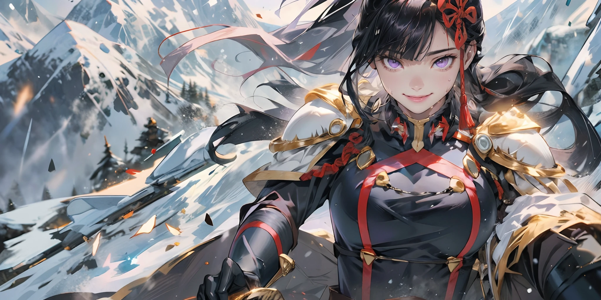 gloves, weapon, 1girl, holding, holding_weapon, bangs, solo, polearm, breasts, mountain, black_gloves, long_hair, black_hair, looking_at_viewer, sword, braid, closed_mouth, spear, ponytail, hair_between_eyes, smile, large_breasts, snow, arrow_(projectile), blue_eyes, outdoors, holding_sword, armor, shoulder_armor, sidelocks, yamashiro768, (black hair, long hair, purple eyes:1.4), hair ornament,