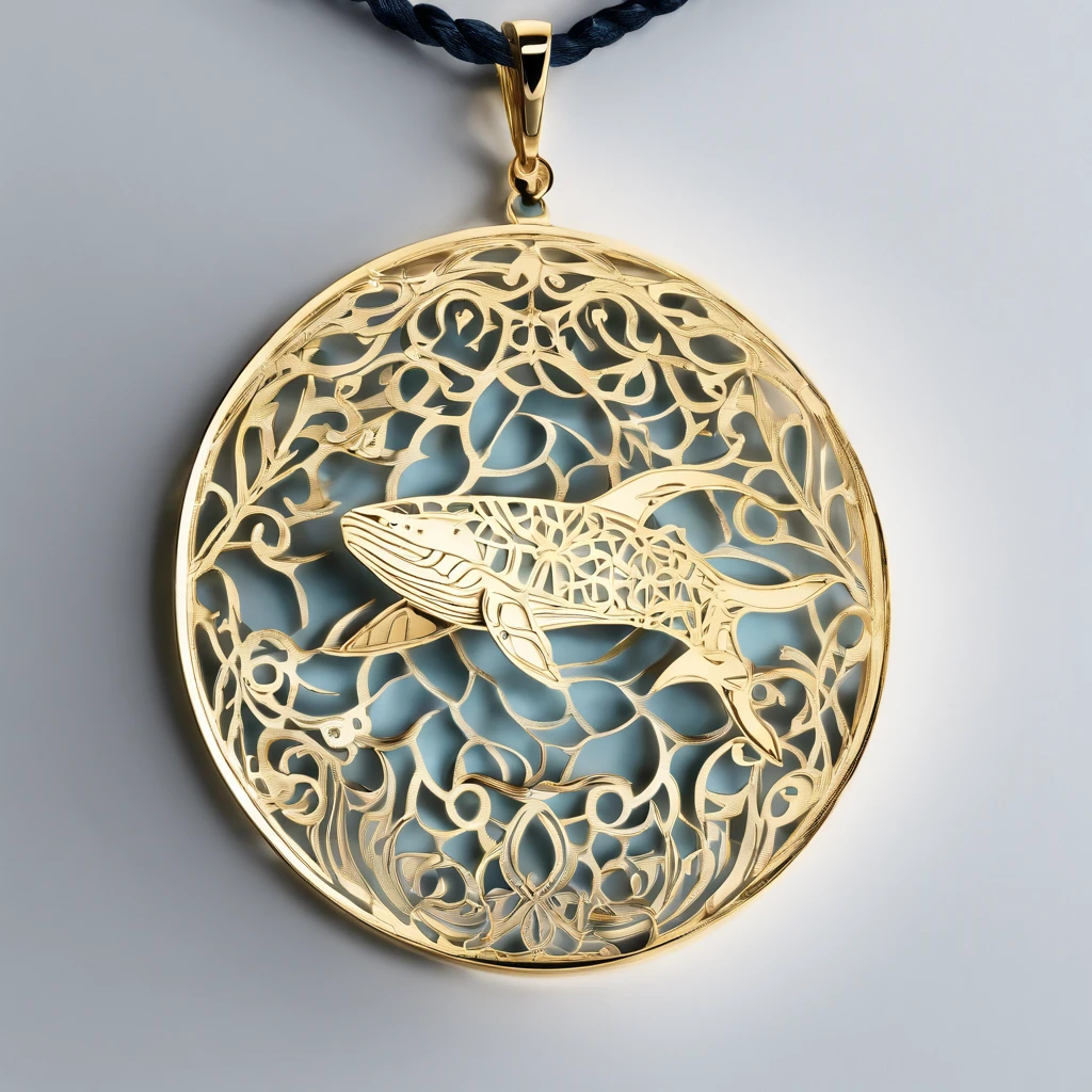 Whale pendant woven with gold thread, whale, Handmade, Traditional weaving techniques, Small size, Set with blue diamonds and diamonds, 8K resolution – no soldering required – on the bulb