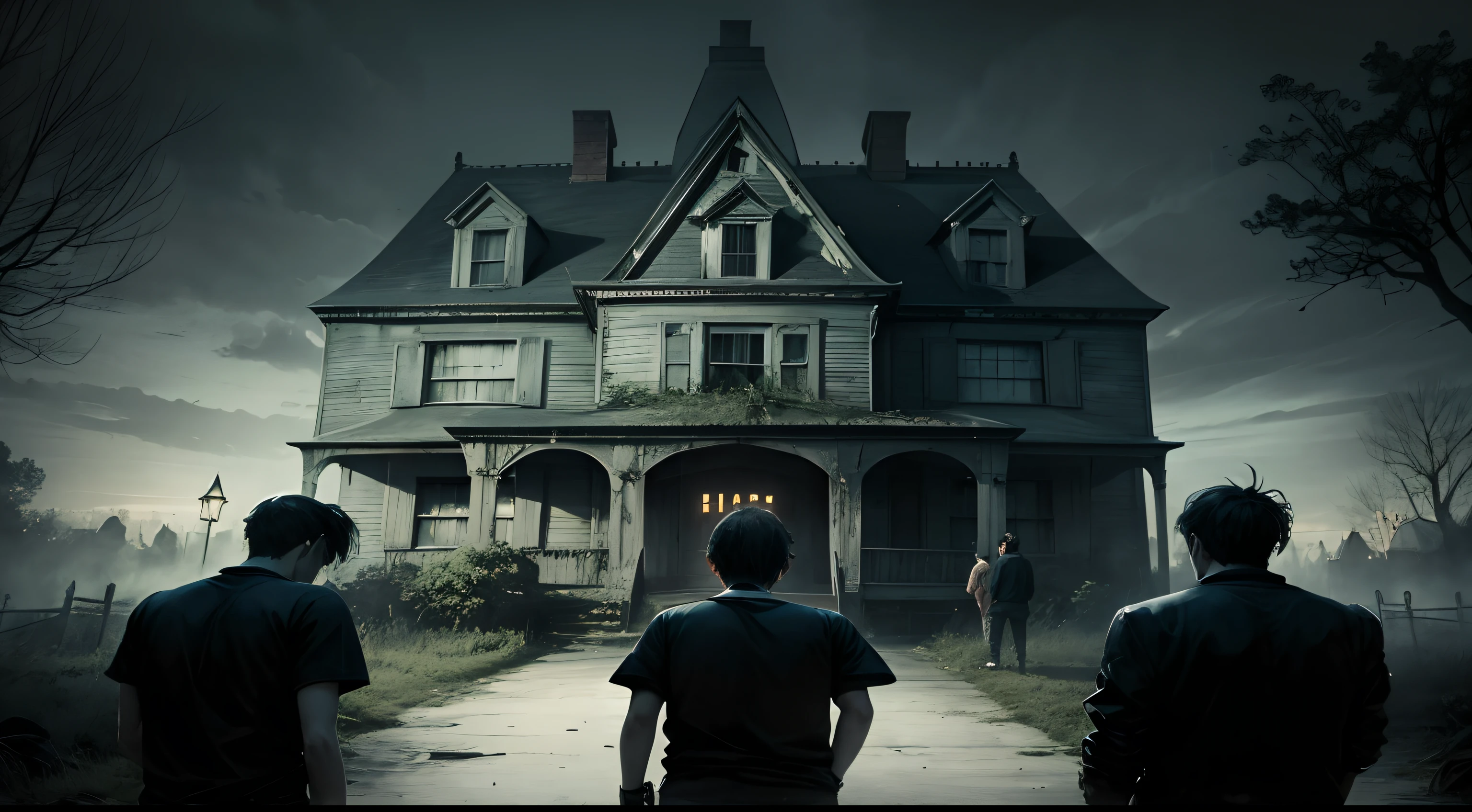 4 boys stand in front of haunted house,dark, night, horror