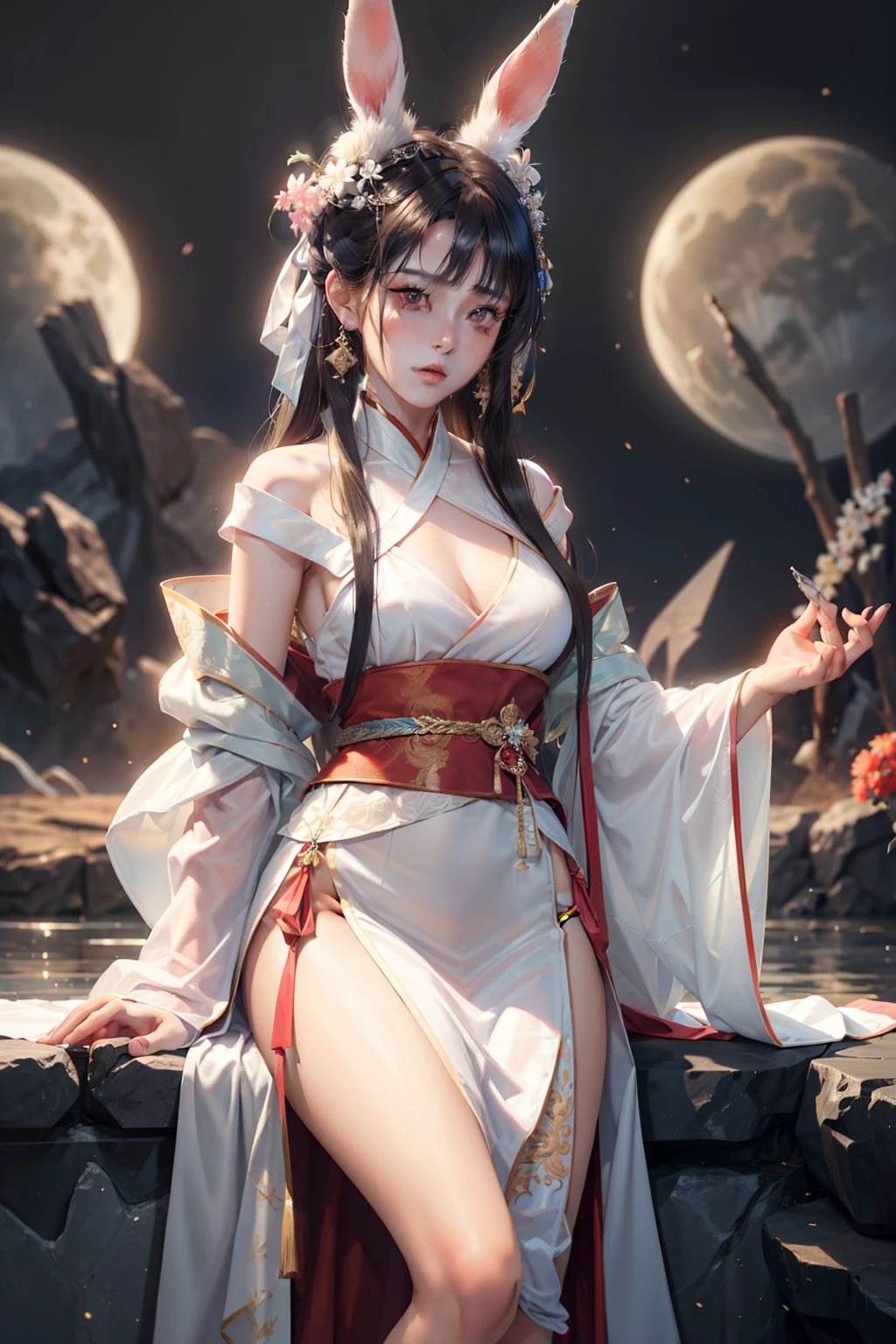 (masterpiece), (best quality), 8k resolution, 1girl, Asian girl, stunning beauty, perfect face, mature female, 20yo, bunny ears, Hanfu, rm dress,rm hair ornament, hanfu, see-through, silk, jewelry, fantasy, on the moon