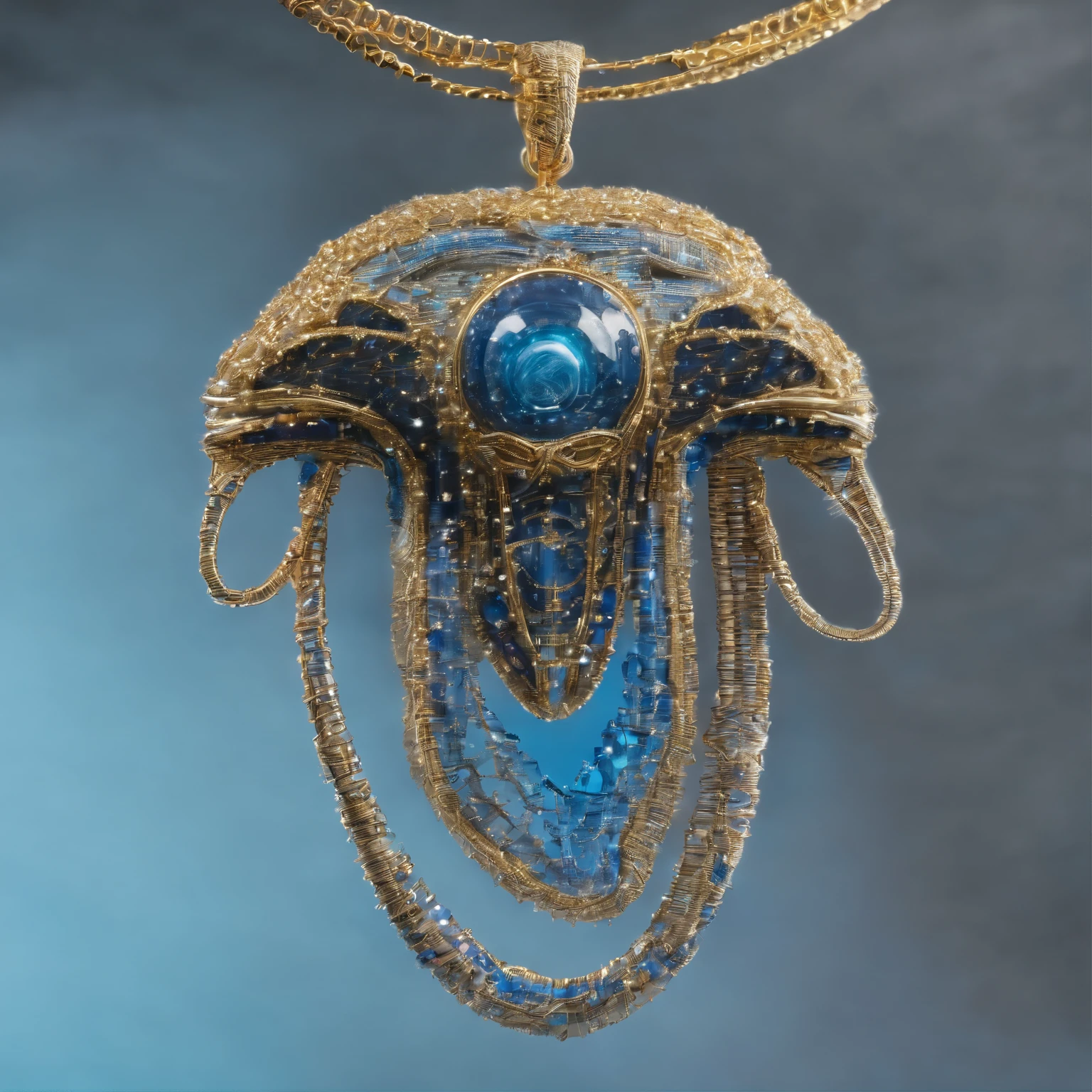 Whale pendant woven with gold thread, whale, Handmade, Traditional weaving techniques, Small size, Set with blue diamonds and diamonds, 8K resolution – no soldering required – on the lamp