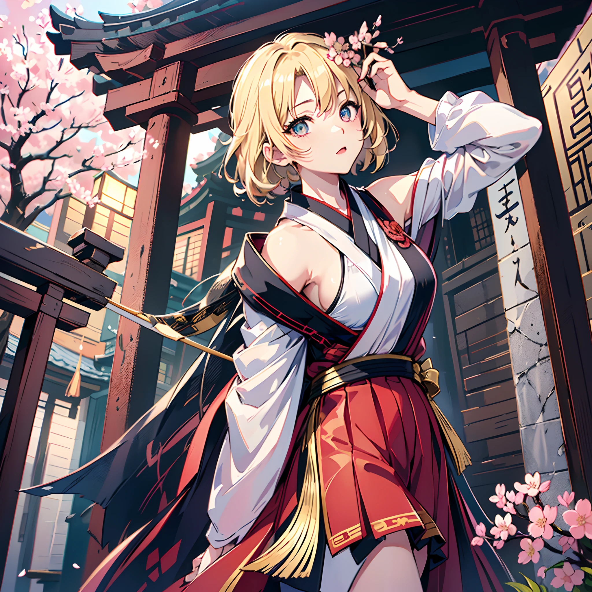 ((masutepiece)), ((Best Quality)), ((archery)), ((With a bow and arrow)),((Holding a bow)),Blonde Blonde、short-hair、((Priestess costume))、((loimu_surge_Style、Flame surge)),((Fire Arrow))、(Cherry blossom scenery), Beautiful detailed sky, ((White priestess attire))、((a red skirt))、Shrine of Japan、Torii gate of Japan shrine、Under the torii gate、White High Socks、((Sleeveless)),1girl in, breastsout,(​masterpiece),(Highly detailed CG Unity,8K)、top-quality、独奏、beatiful detailed eyes、Bright pupils、(extremely delicate and beautiful)、((Beautiful and detailed eyes description、ultra-detailliert、​masterpiece))、((Cherry blossom scenery)), Blurry background, Lola:GirlfriendMix2:1, zydG,