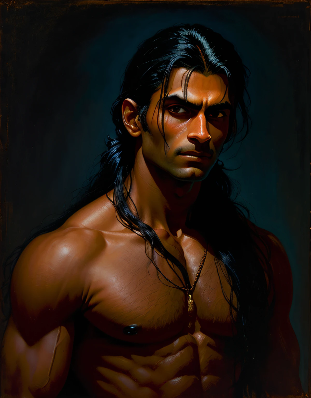 (dark theme:0.9), portrait of a young hindu man with long black hair pulled back at the nape of the neck, sharp features, Tarzan look, grim, hangry stare, dark colors, Volumetric lighting, oil painting by Frank Frazetta, muted colors, complex background,