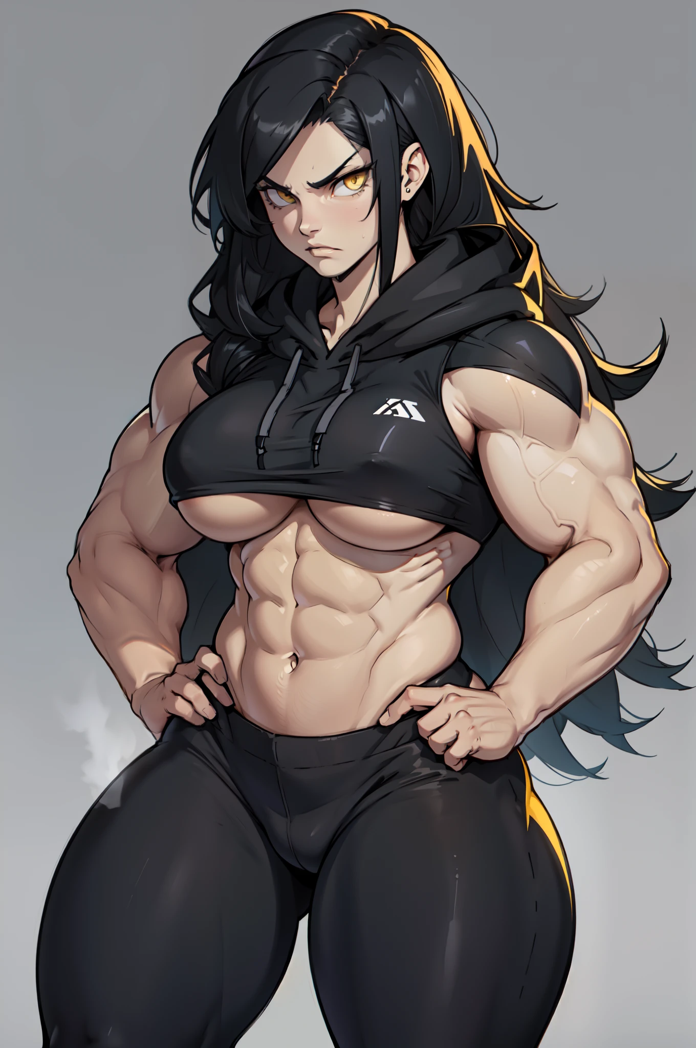 ((grey background)), solo, ((((1 girl)))), very long hair, black hair, angry, yellow eyes, (((((muscular))))), (huge tits), (thick thighs), (wide hips), pale skin, standing, slick hair, hoodie, leggings