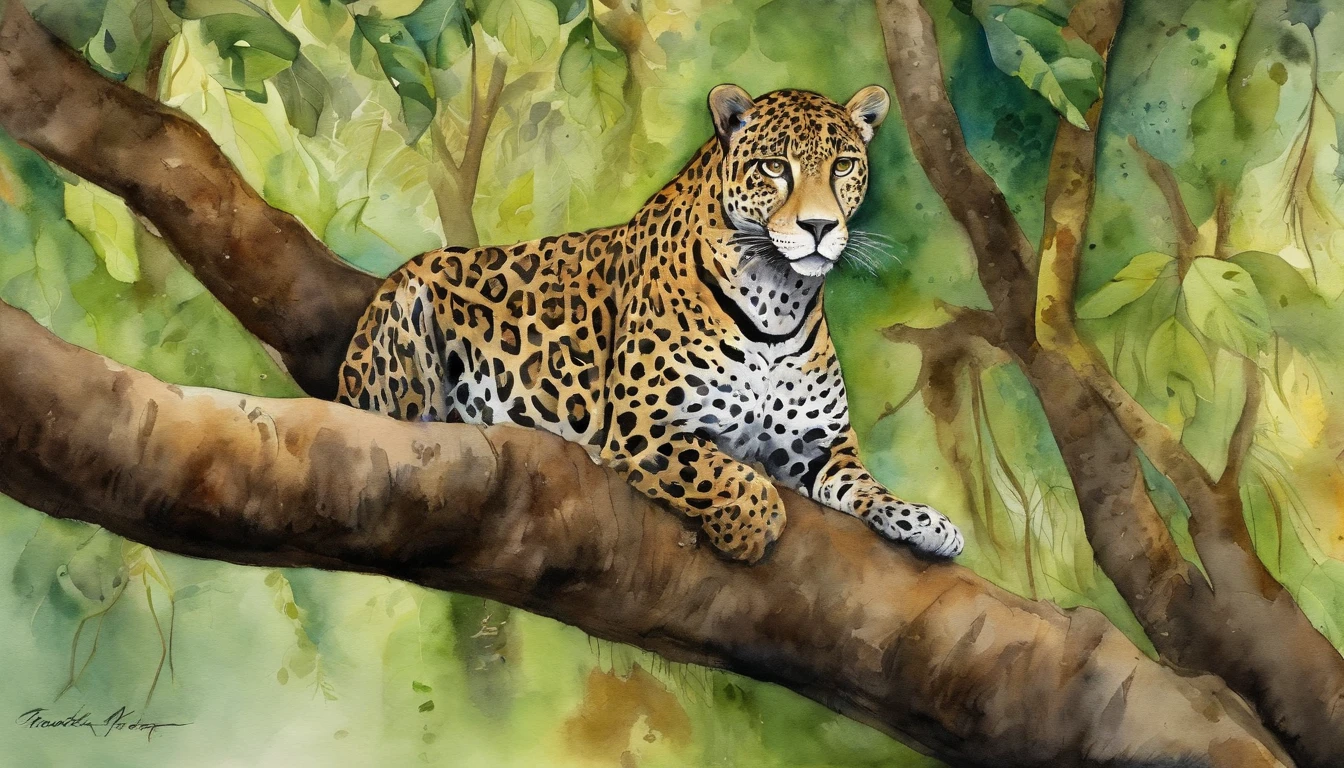 Jaguar on top of a tree, Pintura, aquarela paiting, Design amorfo, Surrealista,Jaguar; aquarela paiting; Felino,Jaguar in the jungle of the American Amazon,