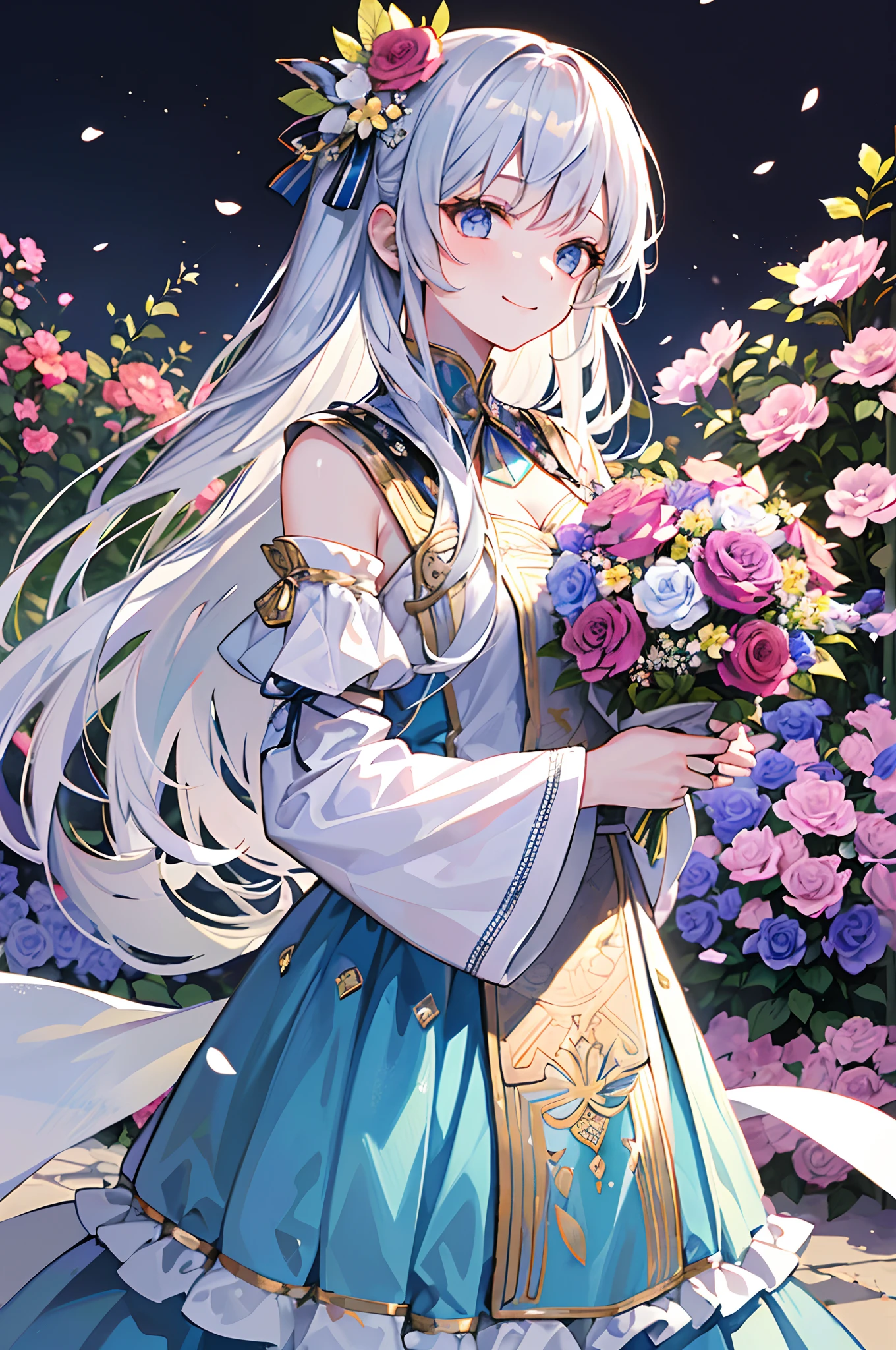 (tmasterpiece、top-quality、illustratio、Extremely high quality、high-level image quality、Extremely sensitive writing)Girl with long silver hair standing in beautiful flowery garden、A slight smile、She has a large bouquet、Cute national costume style dress,There are ruffles on the shoulders、Hair fluttering in the wind