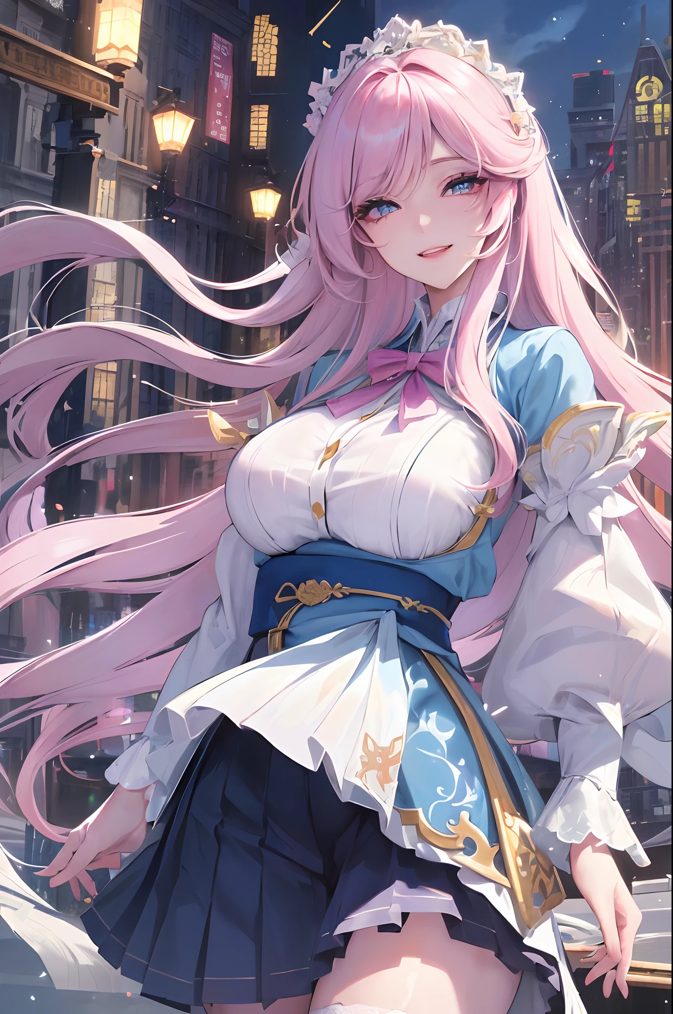 Official art, masutepiece, Sharp Focus, (Beautiful gorgeous and lovely korean woman: 1.3), (Beautiful and nice Koreans: 1.3), Korean Beauty, Delicate and beautiful hair eyes and face, Realistic, super detailed, Beautiful Girl, Blue sky, Bright white particles, (side lights:1.2), Sunlight, white clouds, Fine clouds, slim, Cute Big, Big ass, grin, ((Eyes open when you laugh)), landscape, Long straight hair, sexy expression, Buildings, (City view: 1.7), Dynamic Hair, Long straight hair, Delicate platinum-pink hair, shiny blue eyes, (Blue pleated shirt + White Dress), White stockings, pale skin, Hair dotted with magnificent landscapes,Big Tits Gothic Succubus