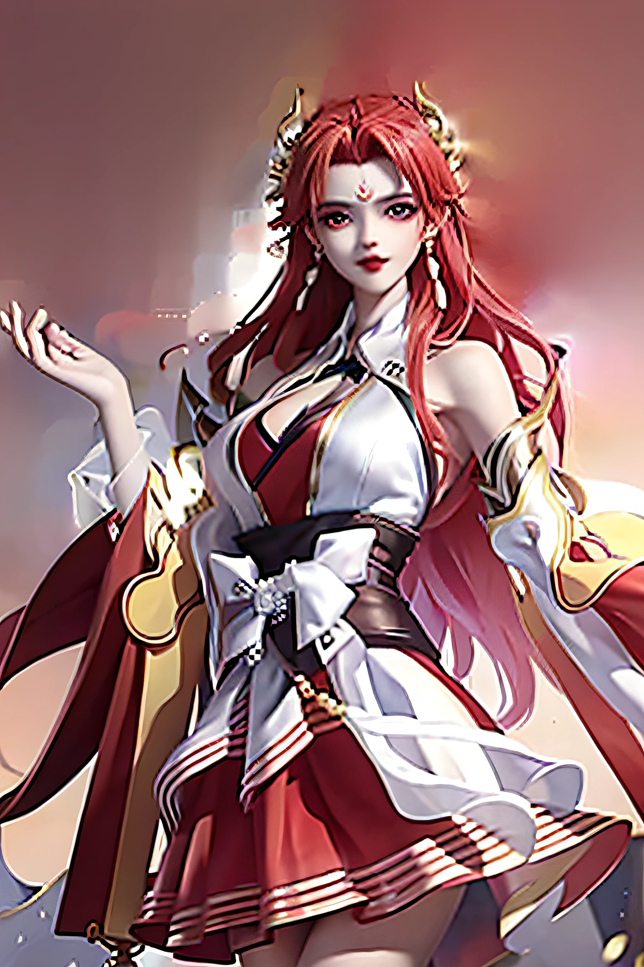 Girl, young and beautiful, tall and beautiful, fair face, perfect features, tall and beautiful, fair skin, good figure, heroic and valiant, heroic and valiant, wearing ancient Chinese armor, female general, Chinese landscape background, standing on the top of the mountain, 500 years ago, starry night, realistic, detailed, 8k, mix4, red_dress,starry sky, fire, red hair, solo, hair ornament, long hair, red eyes, jewelry, earrings, dress, bare shoulders, red lips, upper body, white background, facial mark, crescent, lipstick, forehead mark, looking at viewer